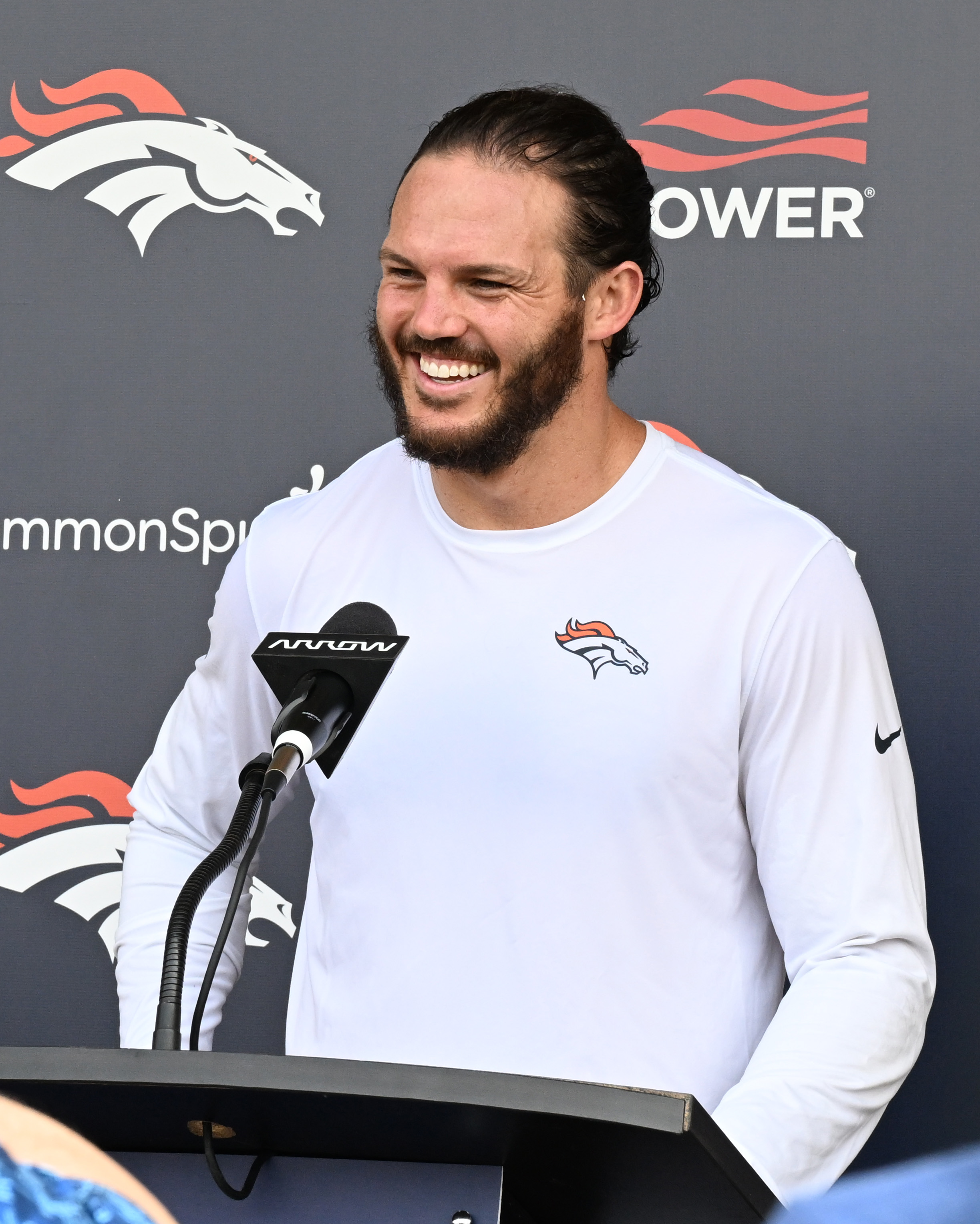 Broncos linebacker Alex Singleton takes questions from the media after practice at the Denver Broncos training center on Wednesday, July 24, 2024. (Jerilee Bennett The Gazette)