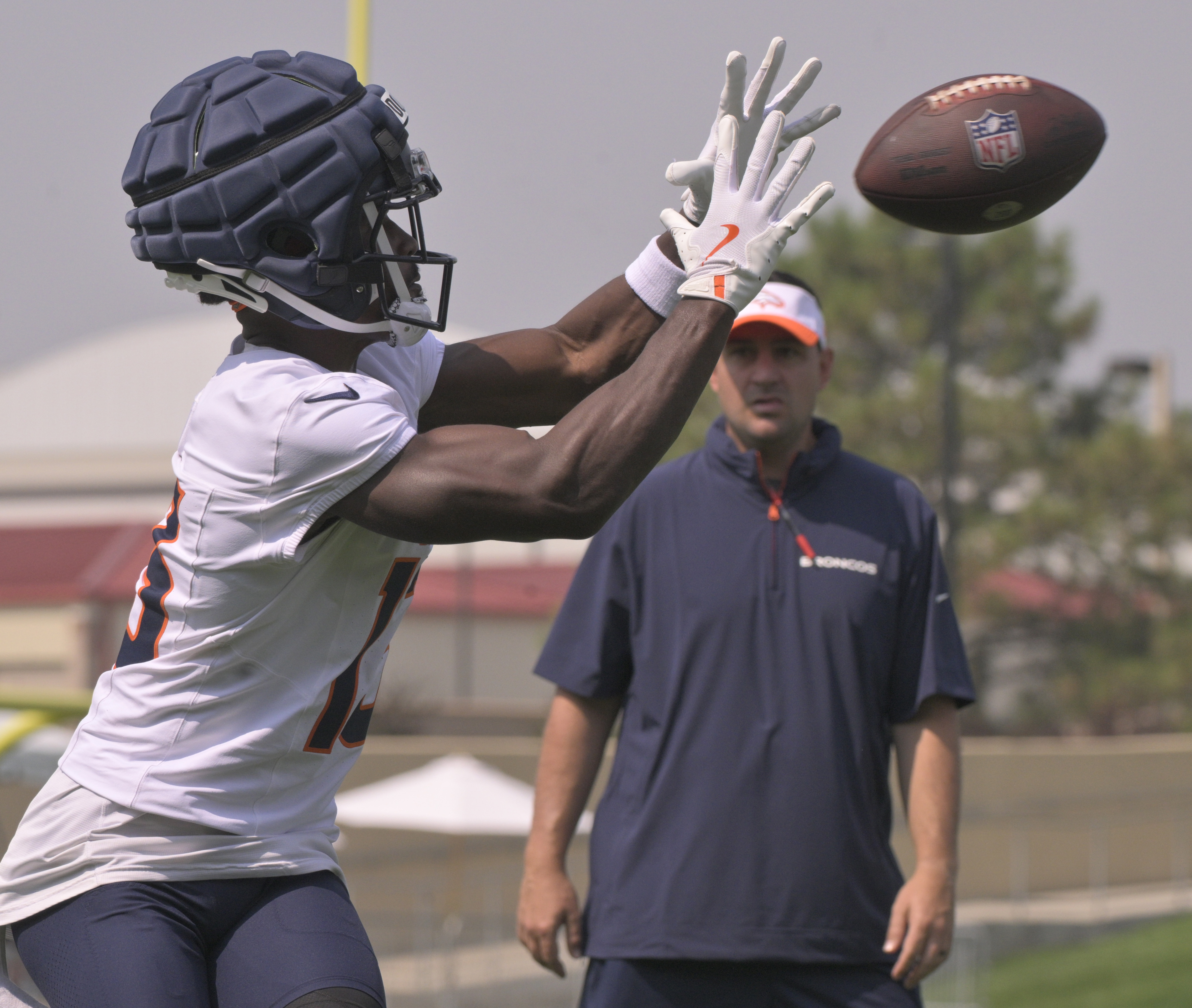 Broncos wide receiver Phillip Dorsett II catches the ball during practice at the Denver Broncos training center on Wednesday, July 24, 2024. (Jerilee Bennett The Gazette)