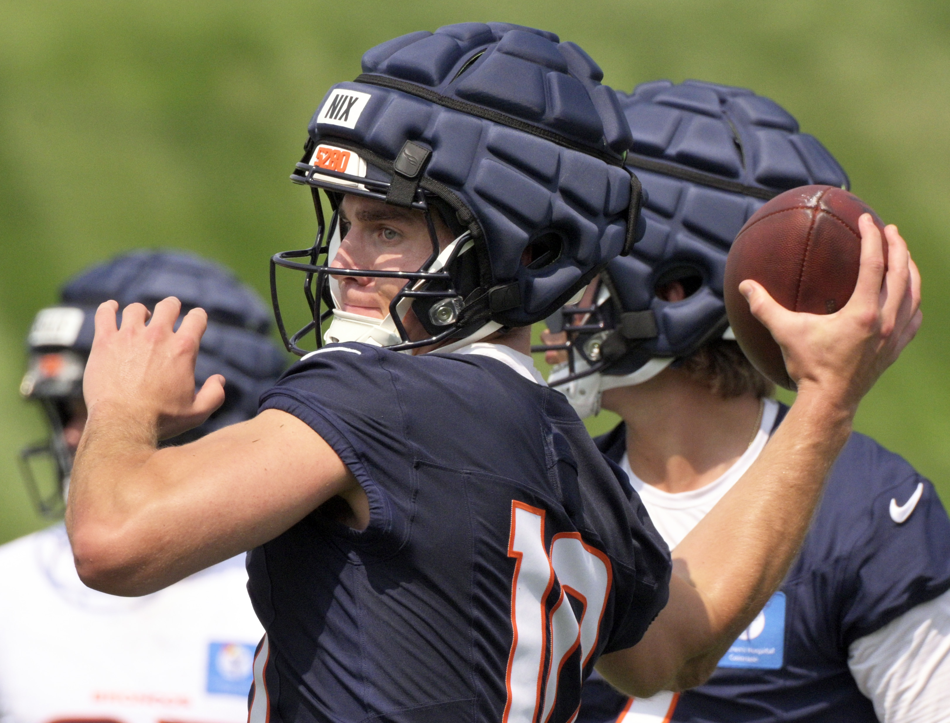 Broncos quarterback Bo Nix throws the ball during practice at the Denver Broncos training center on Wednesday, July 24, 2024. (Jerilee Bennett The Gazette)