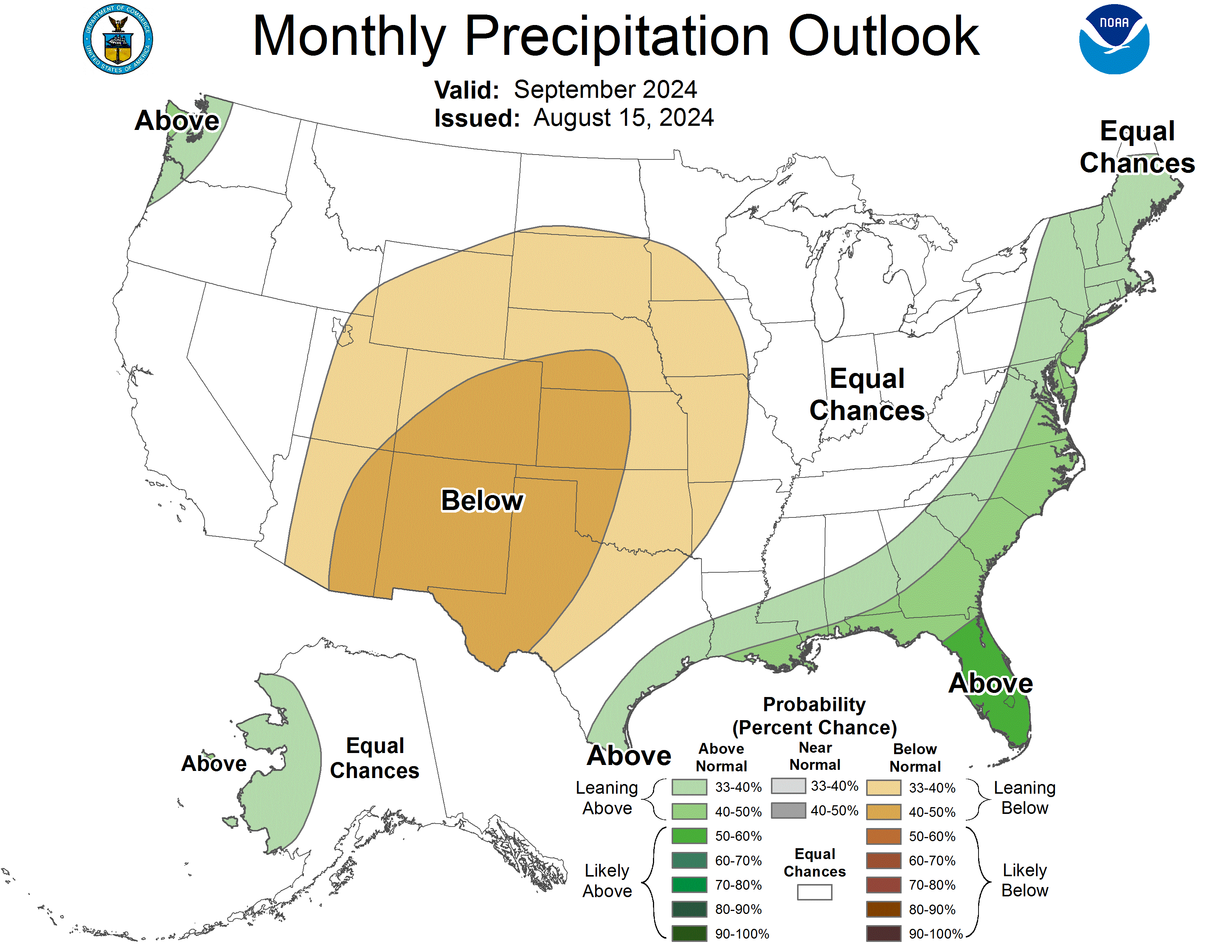 The National Weather Service's, Monthly Precipitation Outlook for September 2024 shows approximately 75% of Colorado has a 40-50% change of below-average precipitation, with the northwest corner a 33-40% chance of below-average precipitation for the month. (Courtesy, National Weather Service)