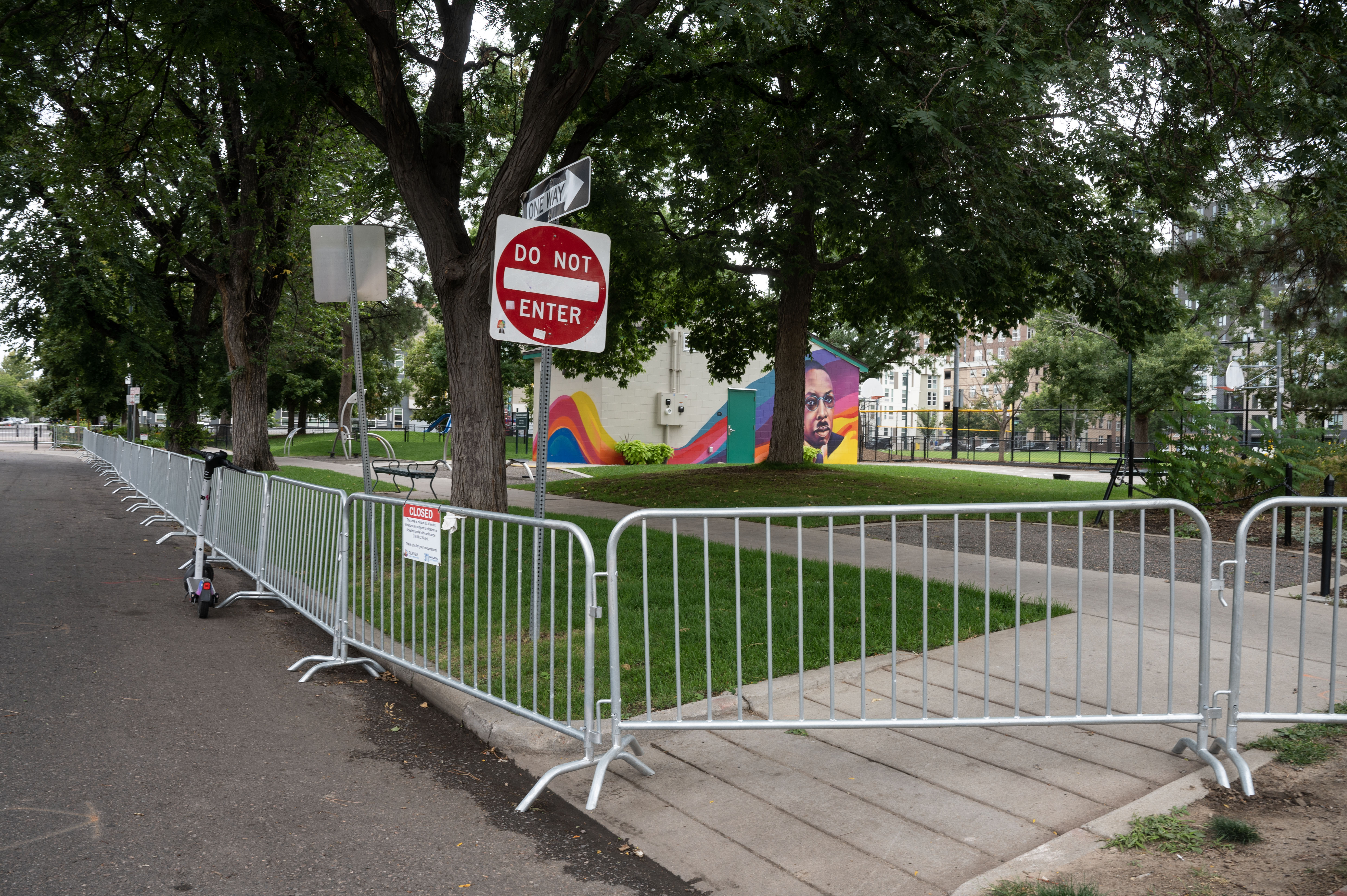 Barriers close access to Sonny Lawson park on Welton Street in North Denver on Monday, Aug. 26, 2024. City officials fenced off the majority of the park to deter increased drug deals and violence in the area. (Stephen Swofford, Denver Gazette) (StephenSwoffordPhotographerstephen.swofford@gazette.comhttps://secure.gravatar.com/avatar/1ddcaf11c5d70eaa58546ddc4e038687?d=mm&r=g)