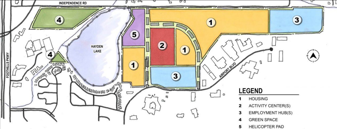 Map of proposed development at the Boulder Airport site, if it were to be closed. (Courtesy of Rubino Surveying)