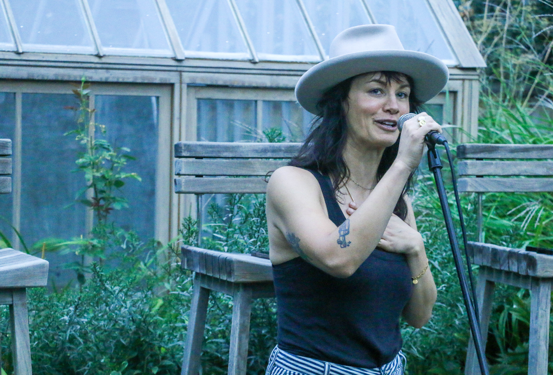 Brandy Schultz, CEO of Sound Future, welcoming visitors to her backyard on Aug. 18, 2024. (JOHN MOORE, DENVER GAZETTE)