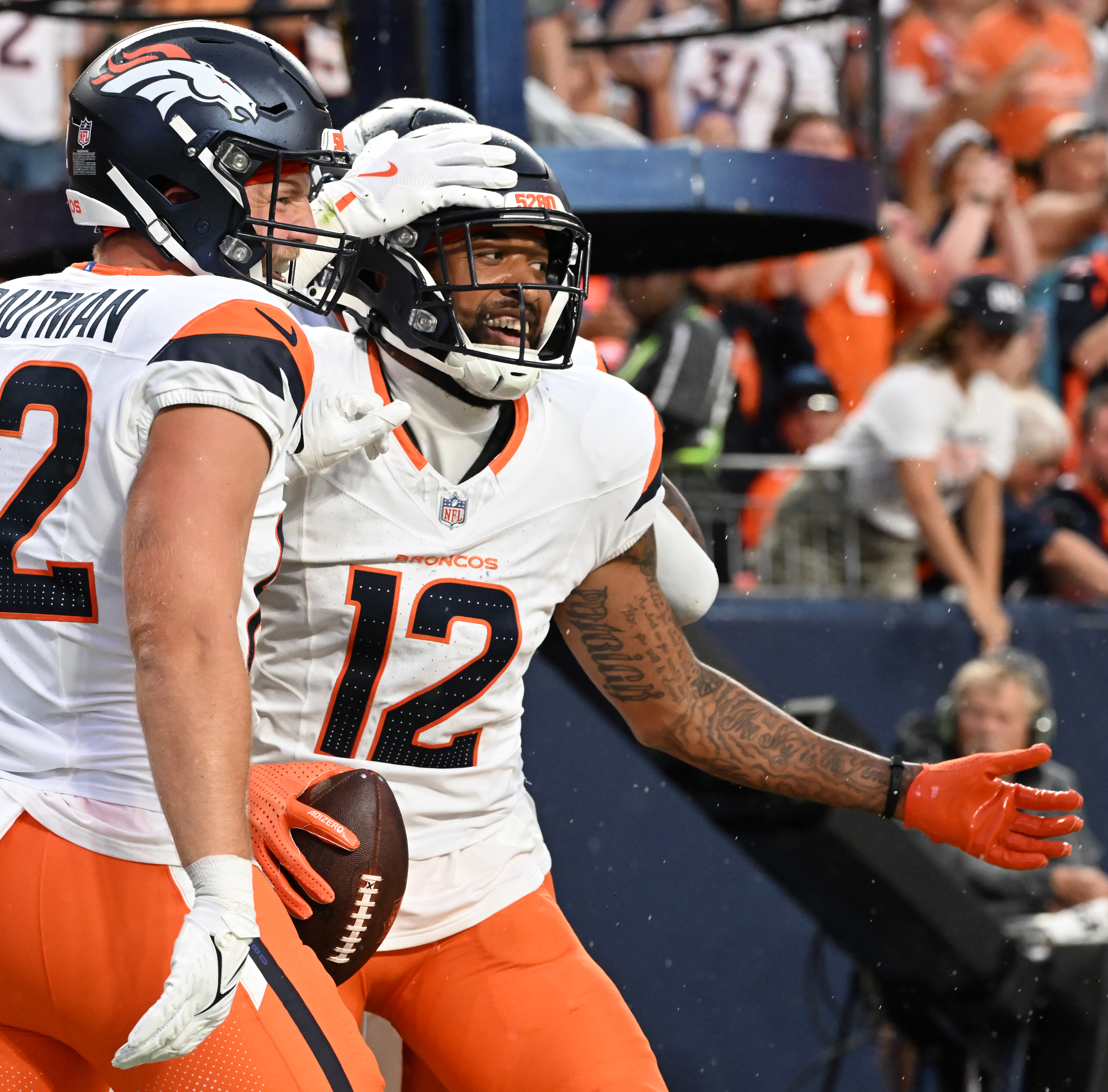 Broncos wide receiver Tim Patrick celebrates a touchdown during the second quarter of a preseason game against the Packers on Sunday, Aug. 18, 2024. (Jerilee Bennett The Gazette)