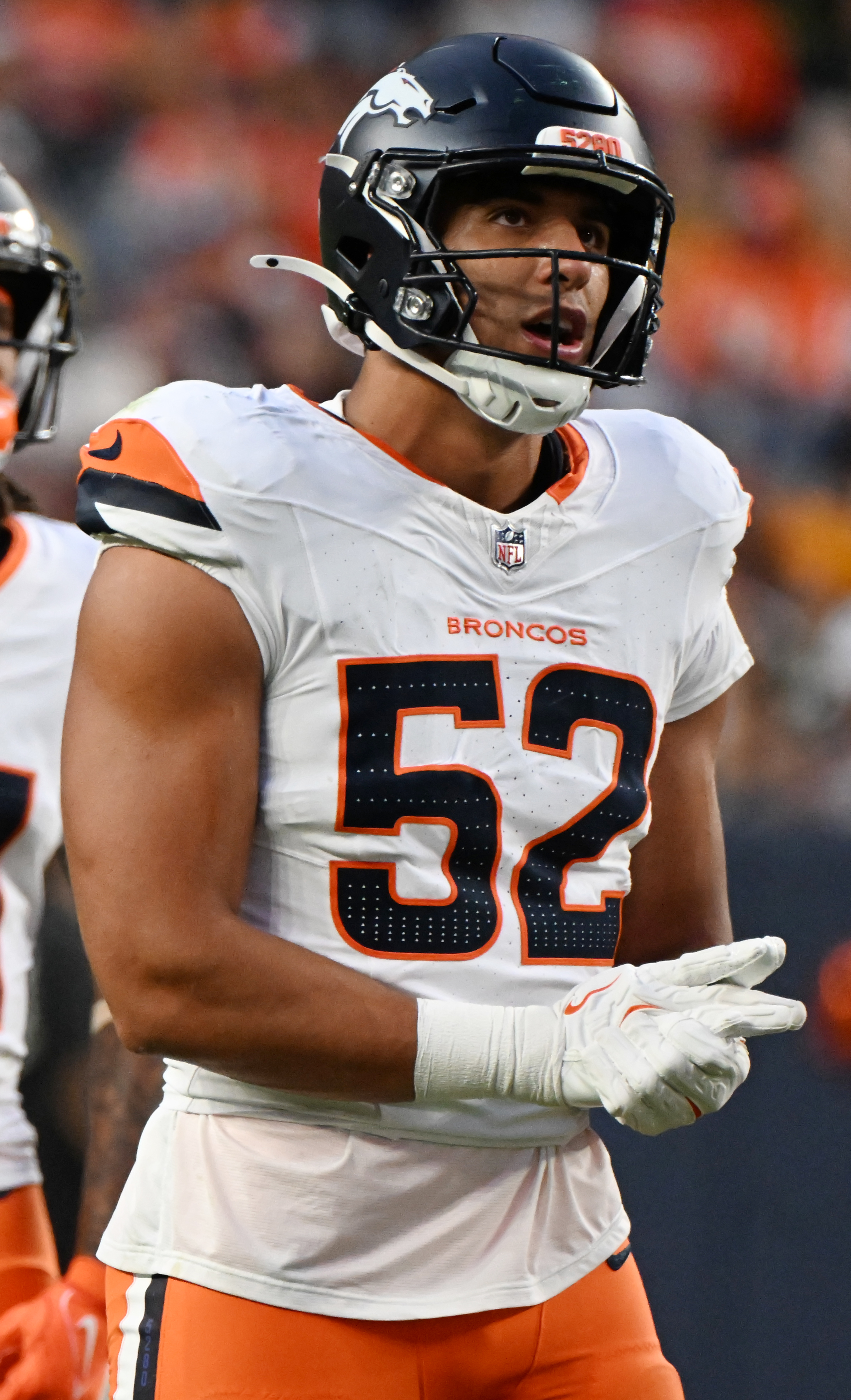 Denver Broncos linebacker Jonah Elliss (52) during a preseason game against the Packers on Sunday, Aug. 18, 2024. The Broncos won the game 27-2. (Jerilee Bennett, The Gazette)