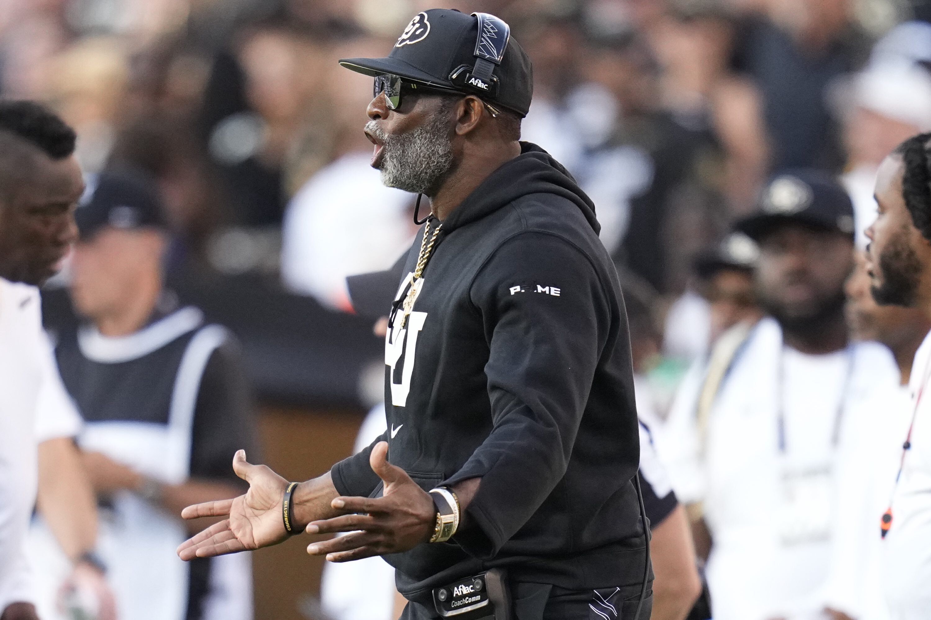 Colorado head coach Deion Sanders reacts during the first half of an NCAA college football game against North Dakota State, Thursday, Aug. 29, 2024, in Boulder, Colo. (AP Photo/Jack Dempsey) (Jack Dempsey)