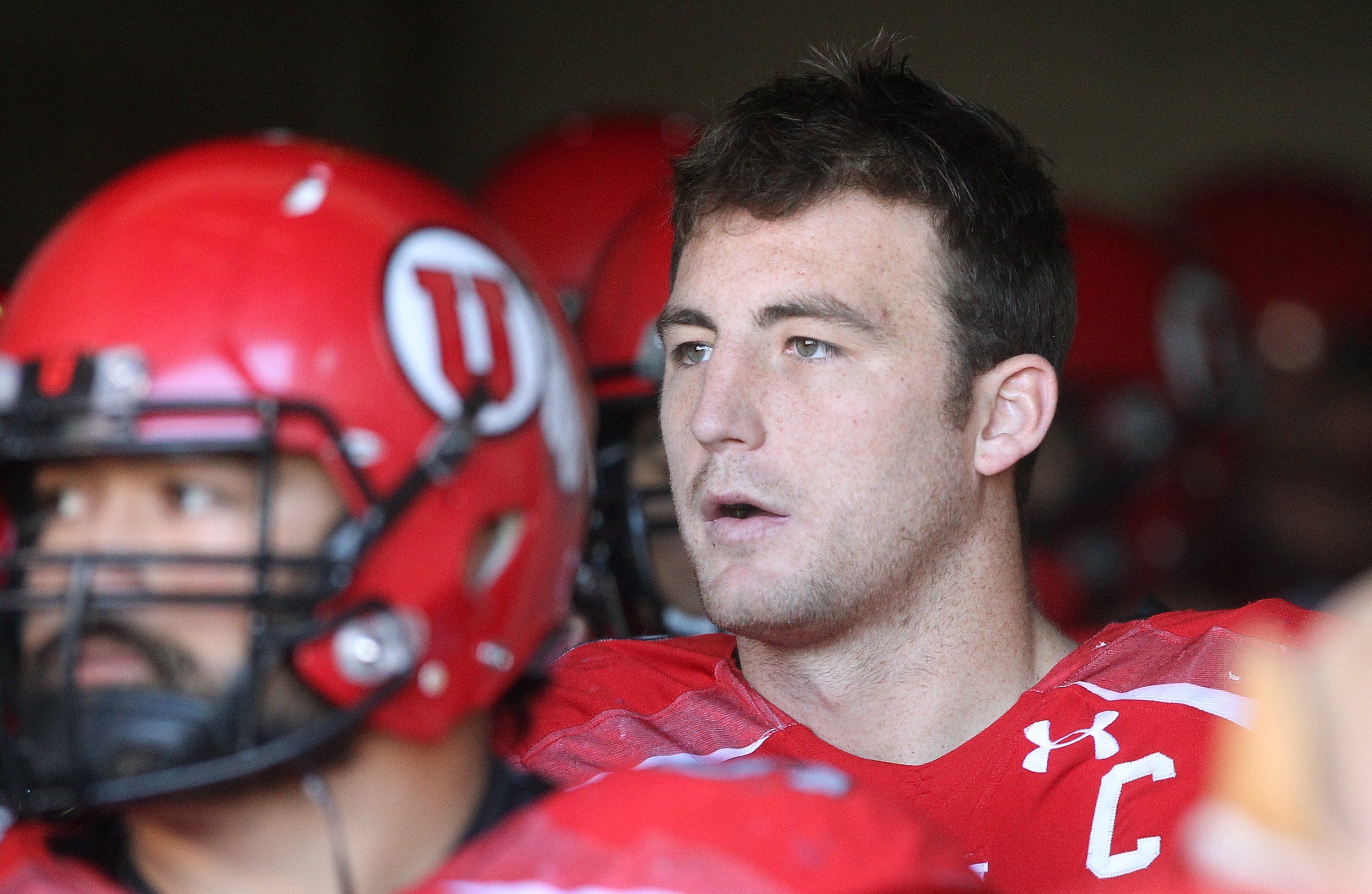 Utah defensive end Trevor Reilly, right, looks on before entering the field before the start of their NCAA college football game against Colorado Saturday, Nov. 30, 2013, in Salt Lake City. (AP Photo/Rick Bowmer) (Rick Bowmer)