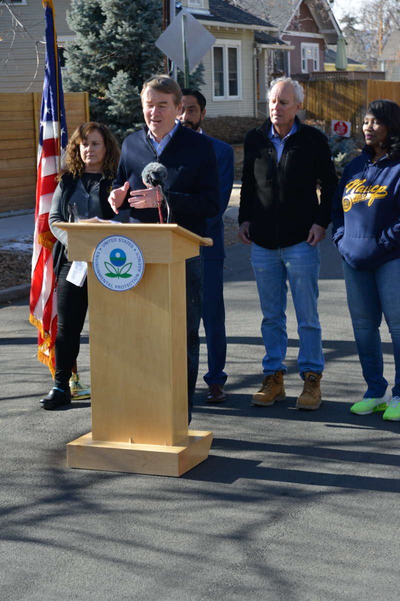 Colorado Sen. Michael Bennet addresses members of the media accompanied by EPA Regional Administrator KC Becker (left), CEO of CREA Results Fernando Pineda-Reyes, Denver Water CEO Jim Lochhead, and Sandra Young of the NAACP at a press update on Denver Water's lead pipe replacement project Dec. 9, 2022 (ScottWeiserEnterprise Reporterscott.weiser@gazette.comhttps://secure.gravatar.com/avatar/bedf4ba0a073402c3991ce97ce2869c4?d=mm&r=g)