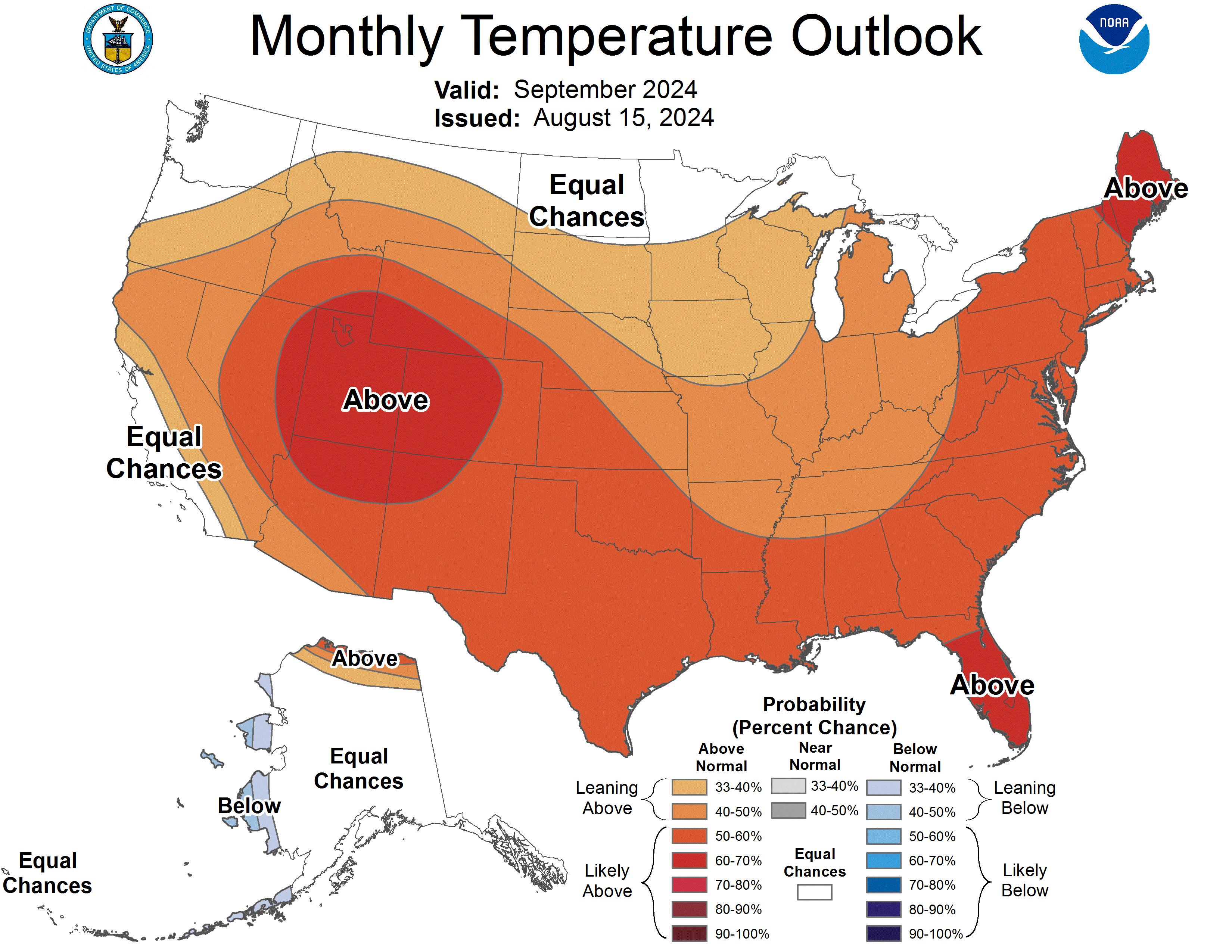 The National Weather Service's, Monthly Temperature Outlook for September 2024 shows most of Colorado's western side has a 60-70% change of above-average temperatures, with the eastern Plains a 50-60% chance of above-average temperatures for the month. (Courtesy, National Weather Service)