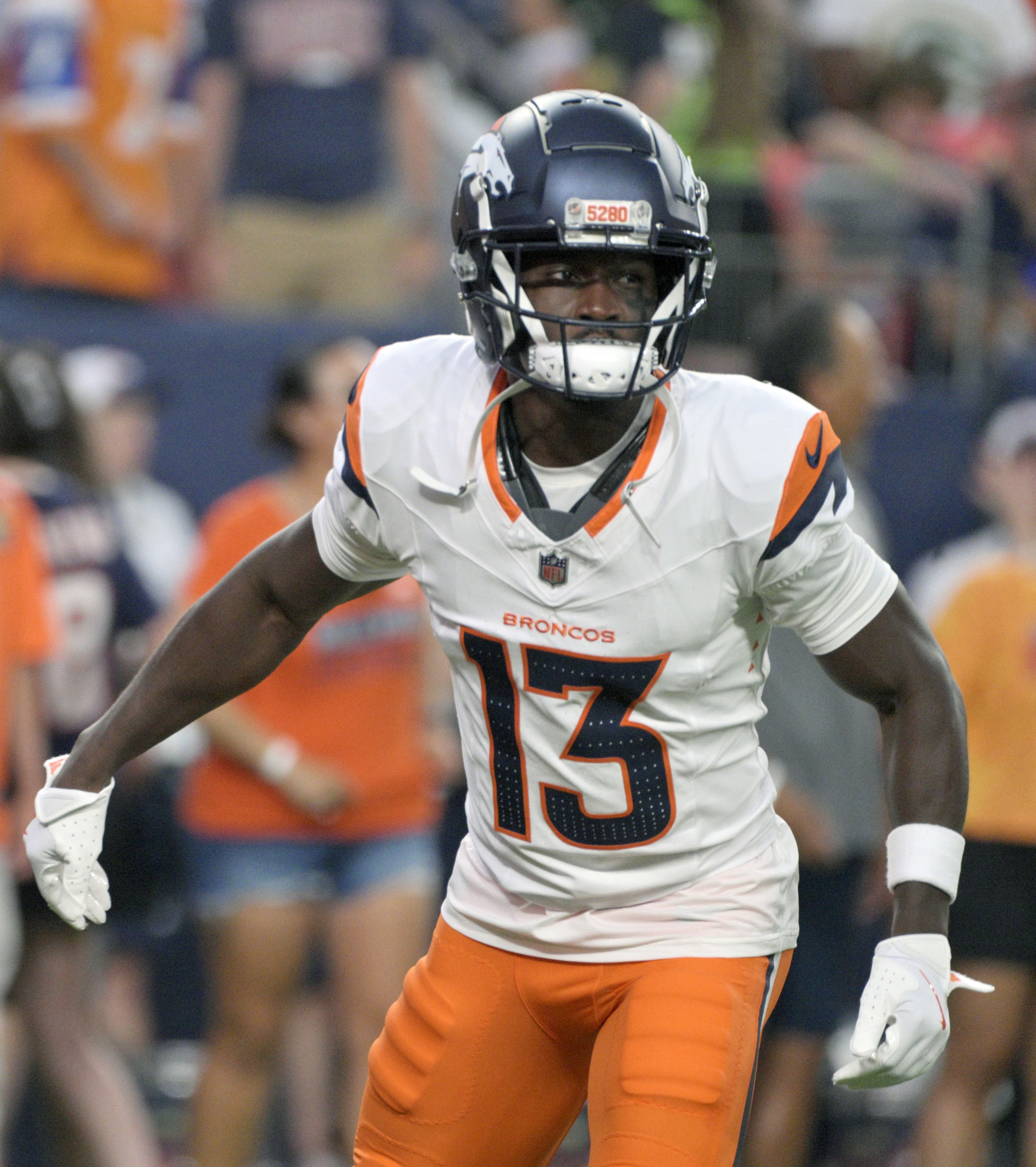 Denver Broncos wide receiver Phillip Dorsett (13) on the field during a preseason game against the Packers on Sunday, Aug. 18, 2024. The Broncos won the game 27-2. (Jerilee Bennett, The Gazette)