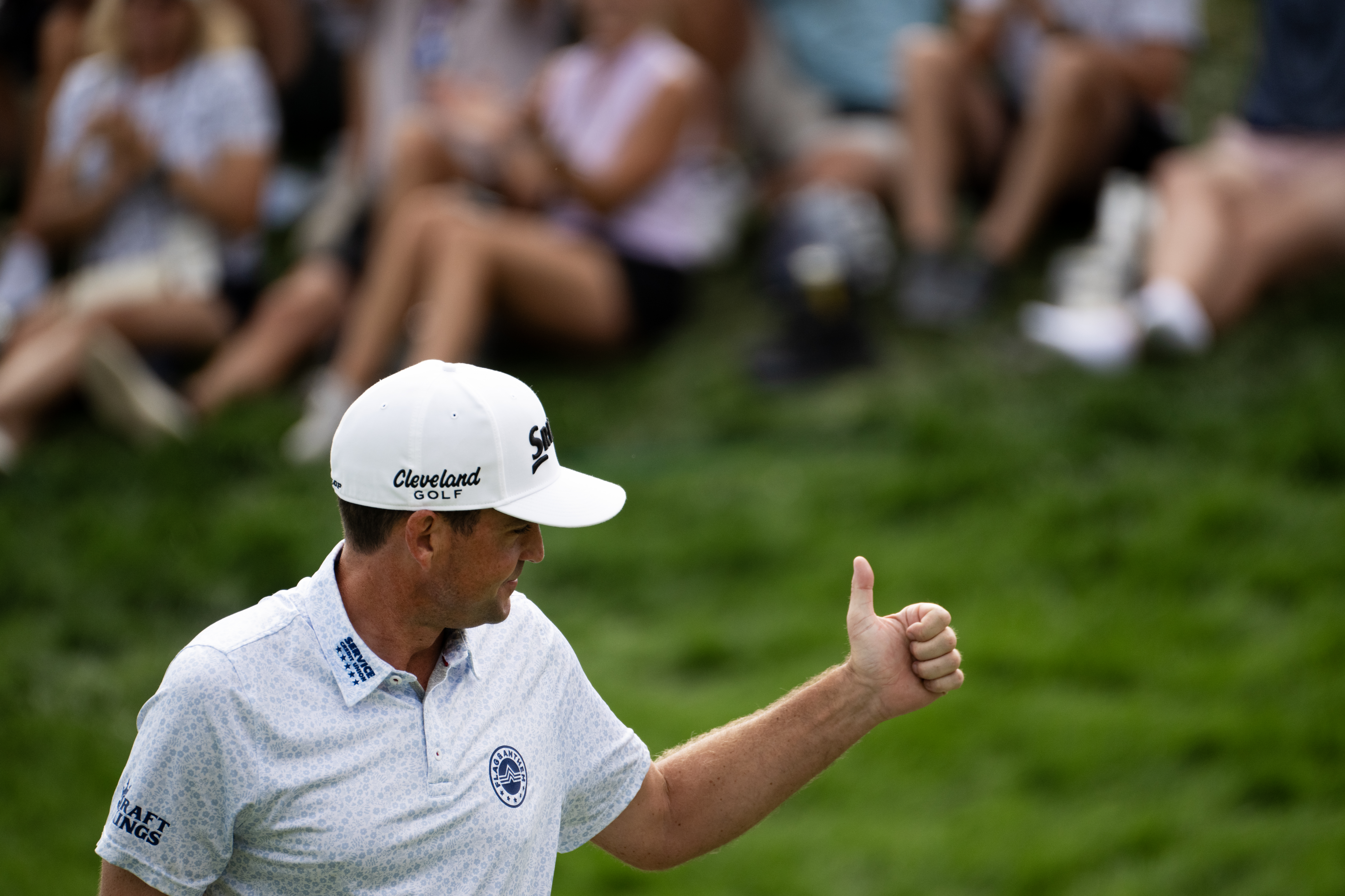 Keegan Bradley gives the crowd a thumbs up after he birdied the eighteenth hole, taking the lead in the third round of the BMW Championship at Castle Pines Golf Club, Saturday, Aug. 24, 2024, in Castle Rock, Colo. (Parker Seibold, The Gazette) (Parker Seibold, The Gazette)