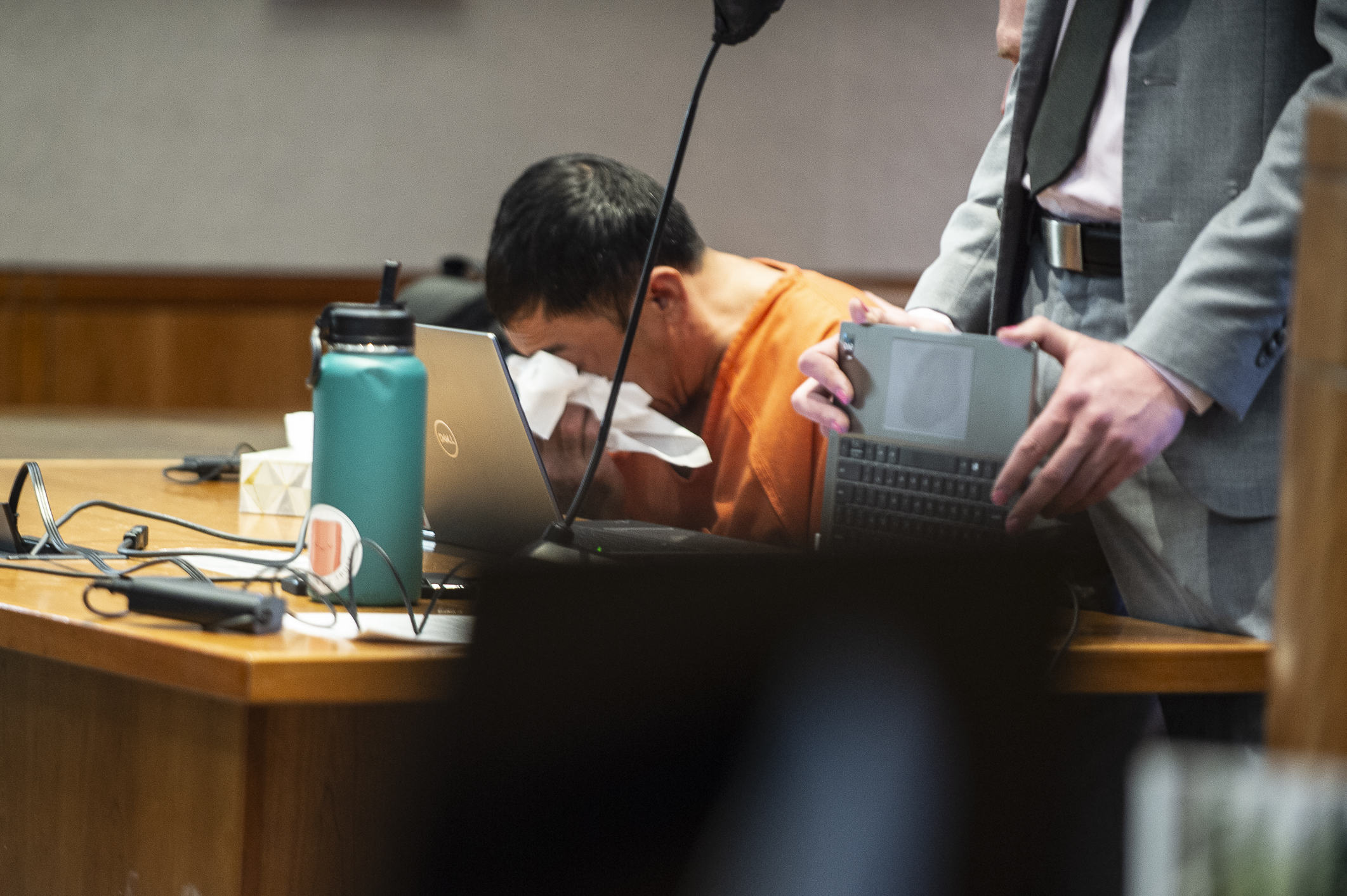 Ignacio Cruz-Mendoza wipes away tears as family members of victim Scott Miller are offered during his Aug. 30, 2024 sentencing hearing in Jefferson County. (Deborah Grigsby)