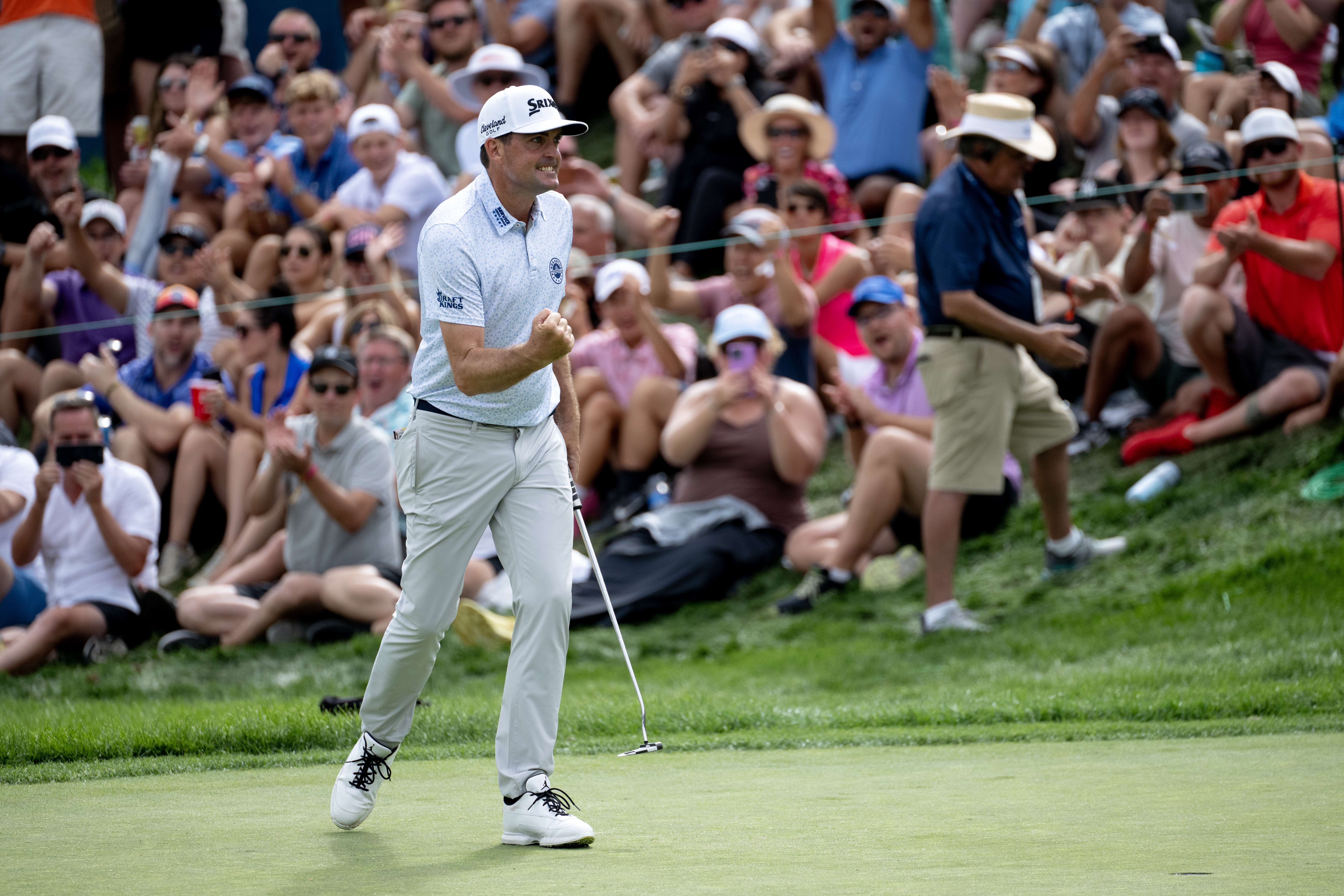 Keegan Bradley reacts after he birdied the eighteenth hole taking the lead at the end of the third round of the BMW Championship golf event at Castle Pines Golf Club, Saturday, Aug. 24, 2024, in Castle Rock, Colo. (Parker Seibold, The Gazette) (Parker Seibold, The Gazette)