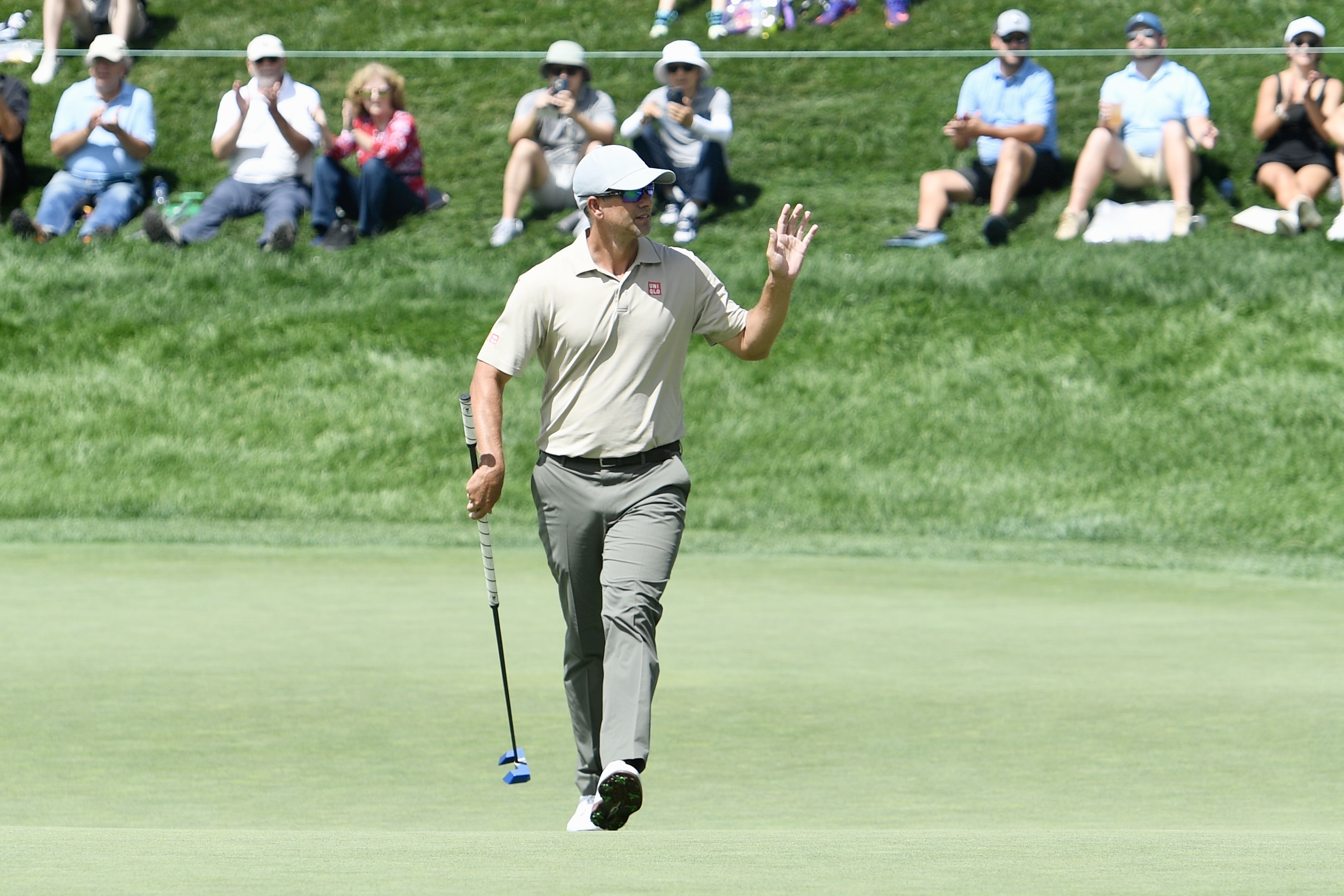 Adam Scott waves to the crowd on the 18th green after nearly making a birdie putt at Castle Pines Golf Club during the second round of the BMW Championship on Friday, Aug. 23, 2024. (CarsonFieldcarson.field@gazette.comhttps://secure.gravatar.com/avatar/c524ef3d384945349bed78d70eb2d2cd?d=mm&r=g)