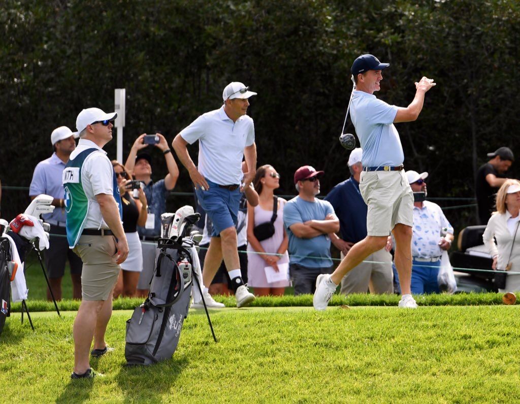 Peyton Manning hits a tee shot at Castle Pines Golf Club at Wednesday's BMW Championship pro-am on Aug. 21, 2024. (CarsonFieldcarson.field@gazette.comhttps://secure.gravatar.com/avatar/c524ef3d384945349bed78d70eb2d2cd?d=mm&r=g)