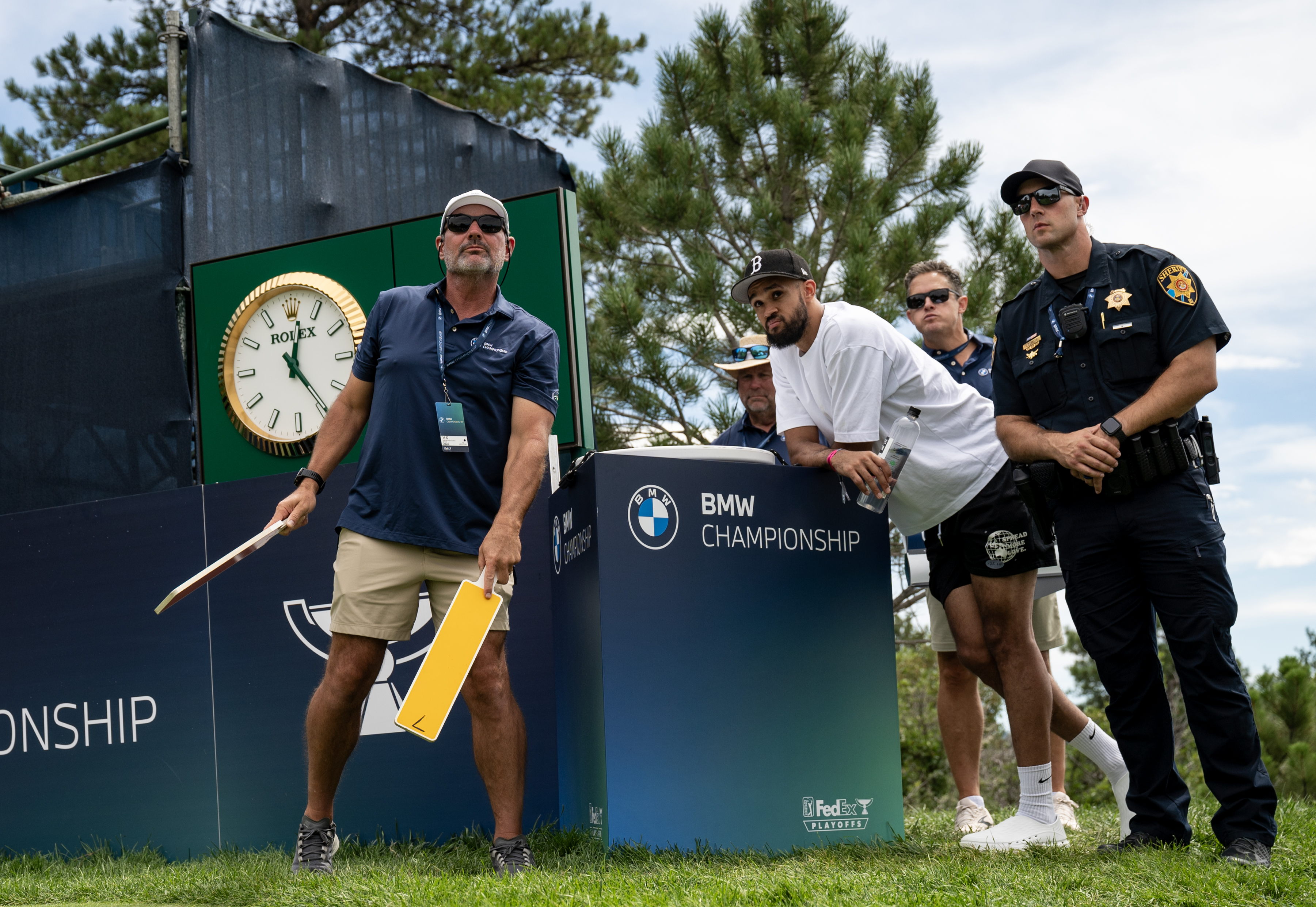 Derrick White watches a drive by Wyndham Clark during the third round of the BMW Championship at Castle Pines Golf Club, Saturday, Aug. 24, 2024, in Castle Rock, Colo. (Parker Seibold, The Gazette) (Parker Seibold The Gazette)