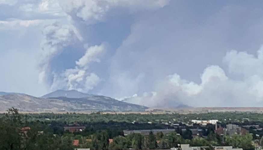 This photo from the National Weather Service (Boulder) captures the Alexander Mountain Fire (left vertical plume) and the Stone Canyon Fire (smoke plume tilted right). (copy) (copy)