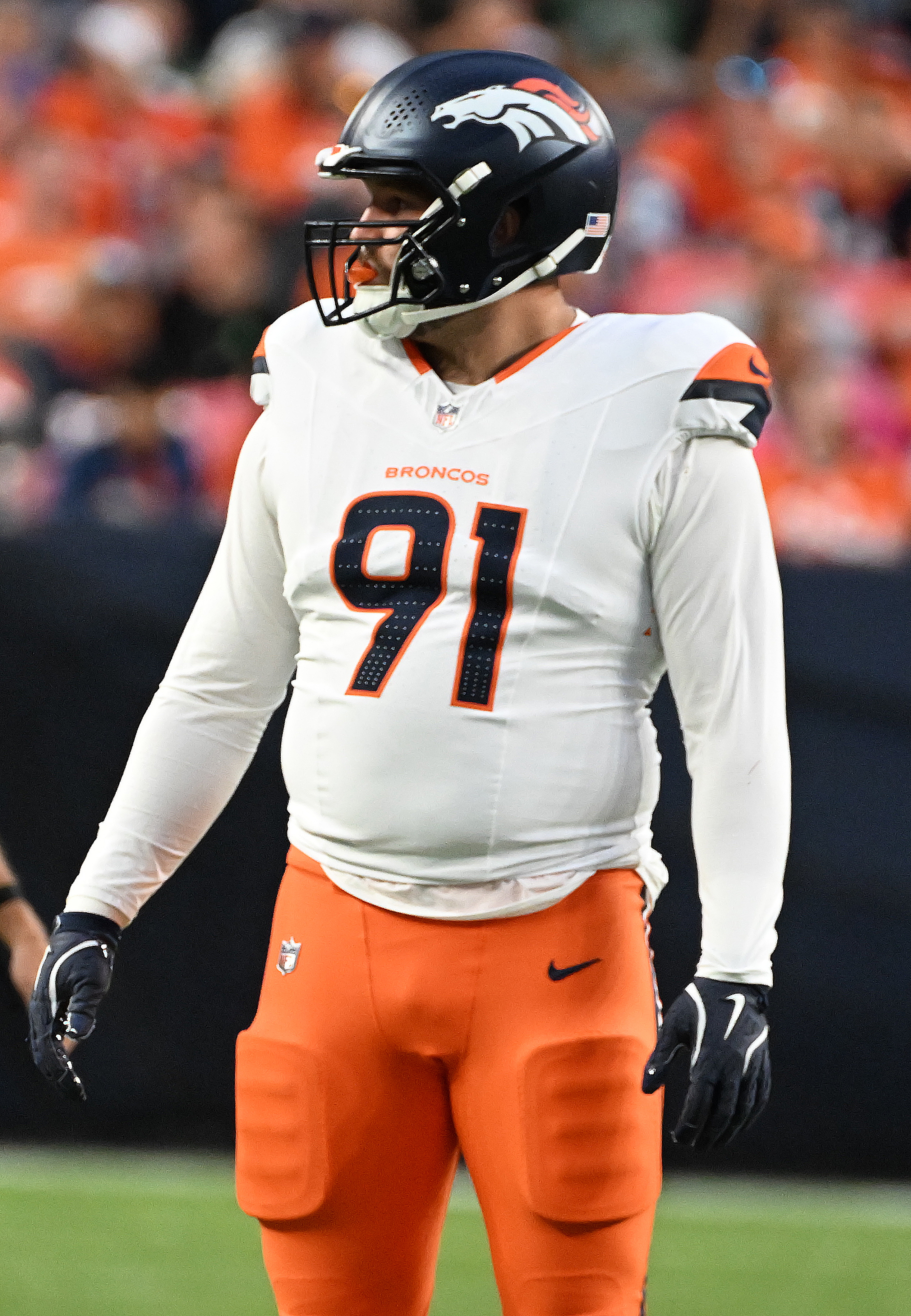 Denver Broncos defensive end Matt Henningsen (91) during a preseason game against the Packers on Sunday, Aug. 18, 2024. The Broncos won the game 27-2. (Jerilee Bennett, The Gazette)