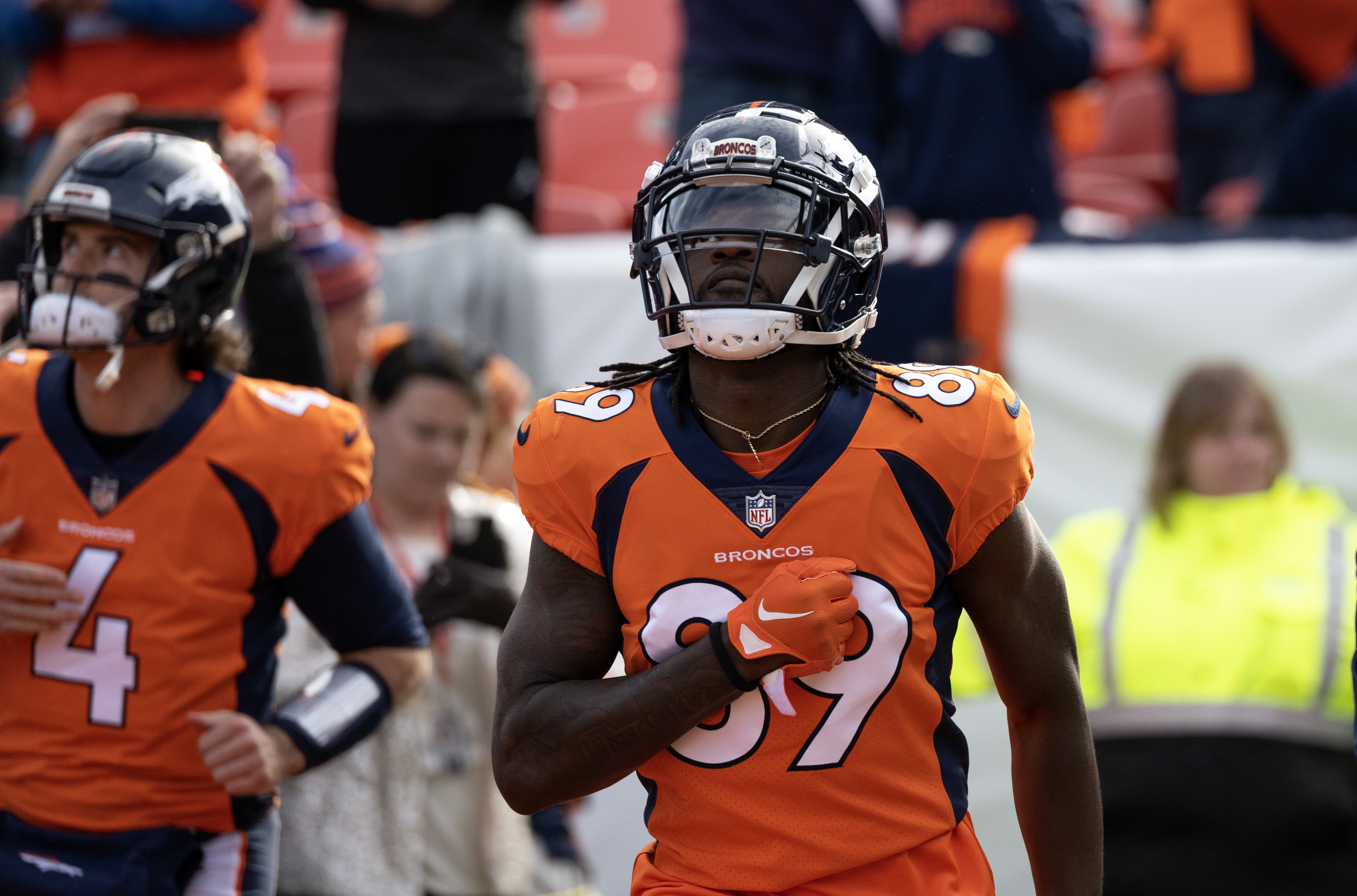 Denver Broncos wide receiver Brandon Johnson (89) runs onto the field for warmups before a game against the Los Angeles Chargers on Sunday, Nov. 26, 2023, at Empower Field at Mile High in Denver, Colo. (Parker Seibold, The Gazette) (Parker Seibold)