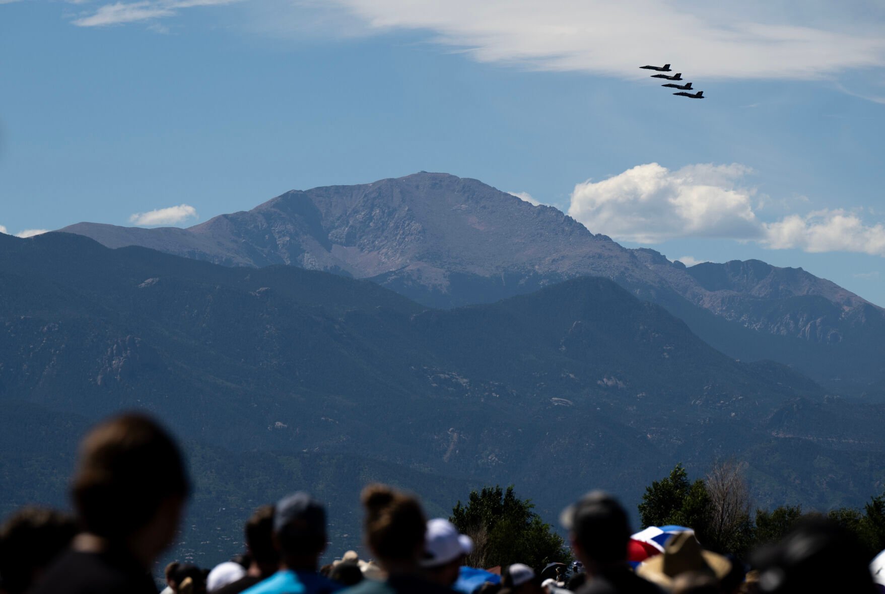 The Blue Angles fly above Pikes Peak at the Pikes Peak Regional Airshow at the Colorado Springs Airport on Saturday, Aug. 17, 2024. (Parker Seibold, The Gazette) (Parker Seibold, The Gazette)