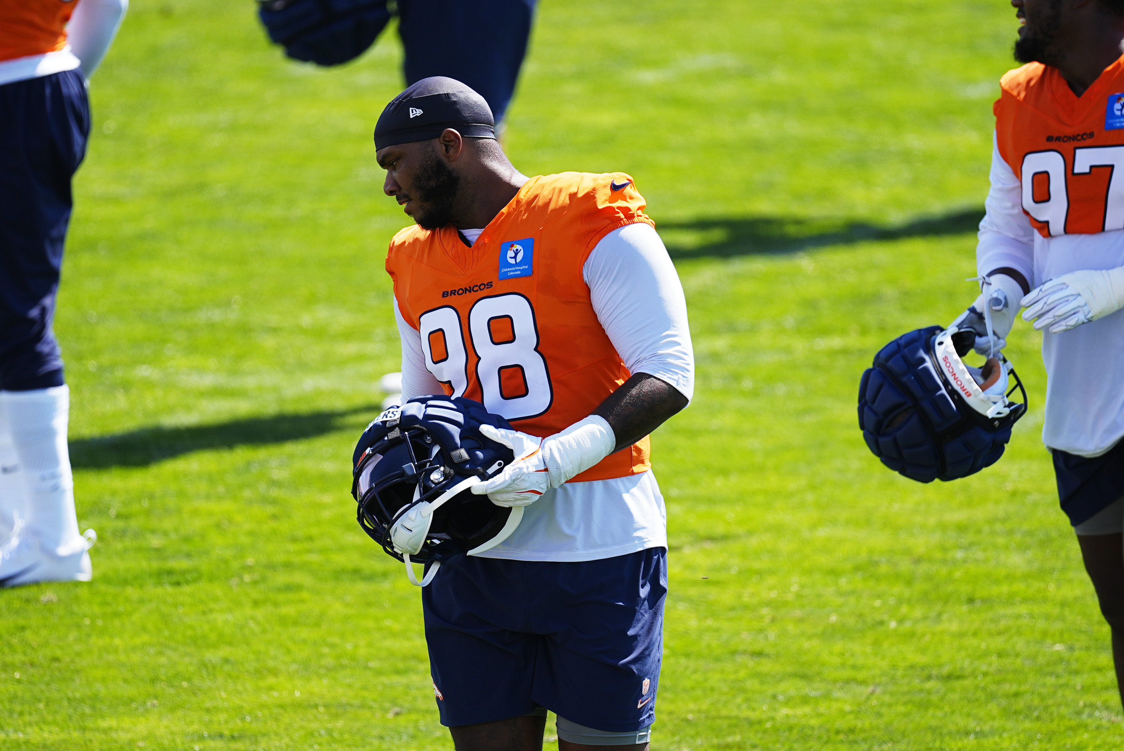 Denver Broncos defensive end John Franklin-Myers (98) takes part in drills during 