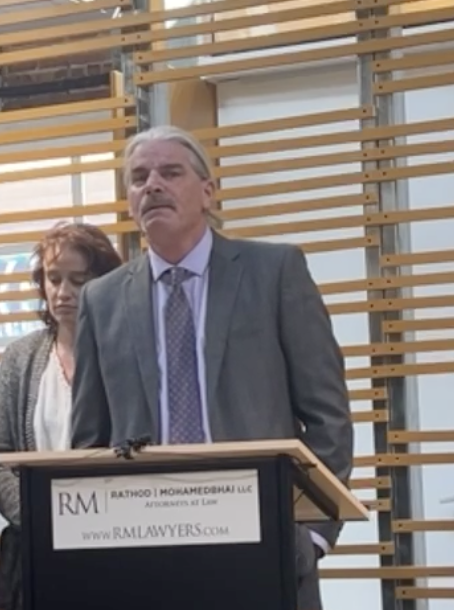 David Thompson addresses reporters after his family received a $5 million settlement in the death of his son, Brett Thompson. The 28-year-old man was Tased by a Larimer County Sheriff and then fell into the highway, where he was too incapacitated to get out of the way of an oncoming vehicle and died. (Courtesy Rathod Mohamedbhai LLC)