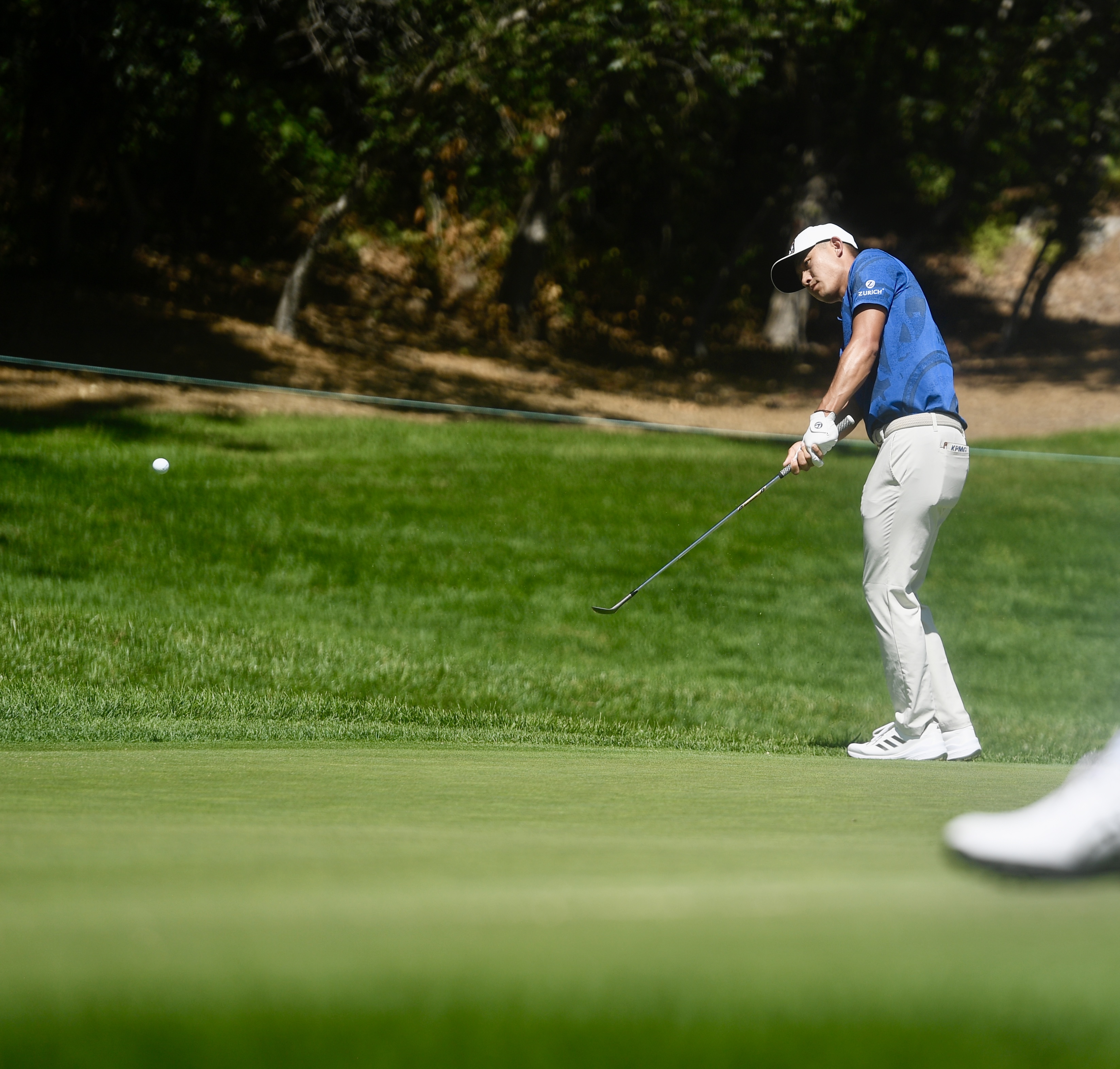 Collin Morikawa chips at Castle Pines Golf Club during the first round of the BMW Championship on Thursday, Aug. 22, 2024. (CarsonFieldcarson.field@gazette.comhttps://secure.gravatar.com/avatar/c524ef3d384945349bed78d70eb2d2cd?d=mm&r=g)