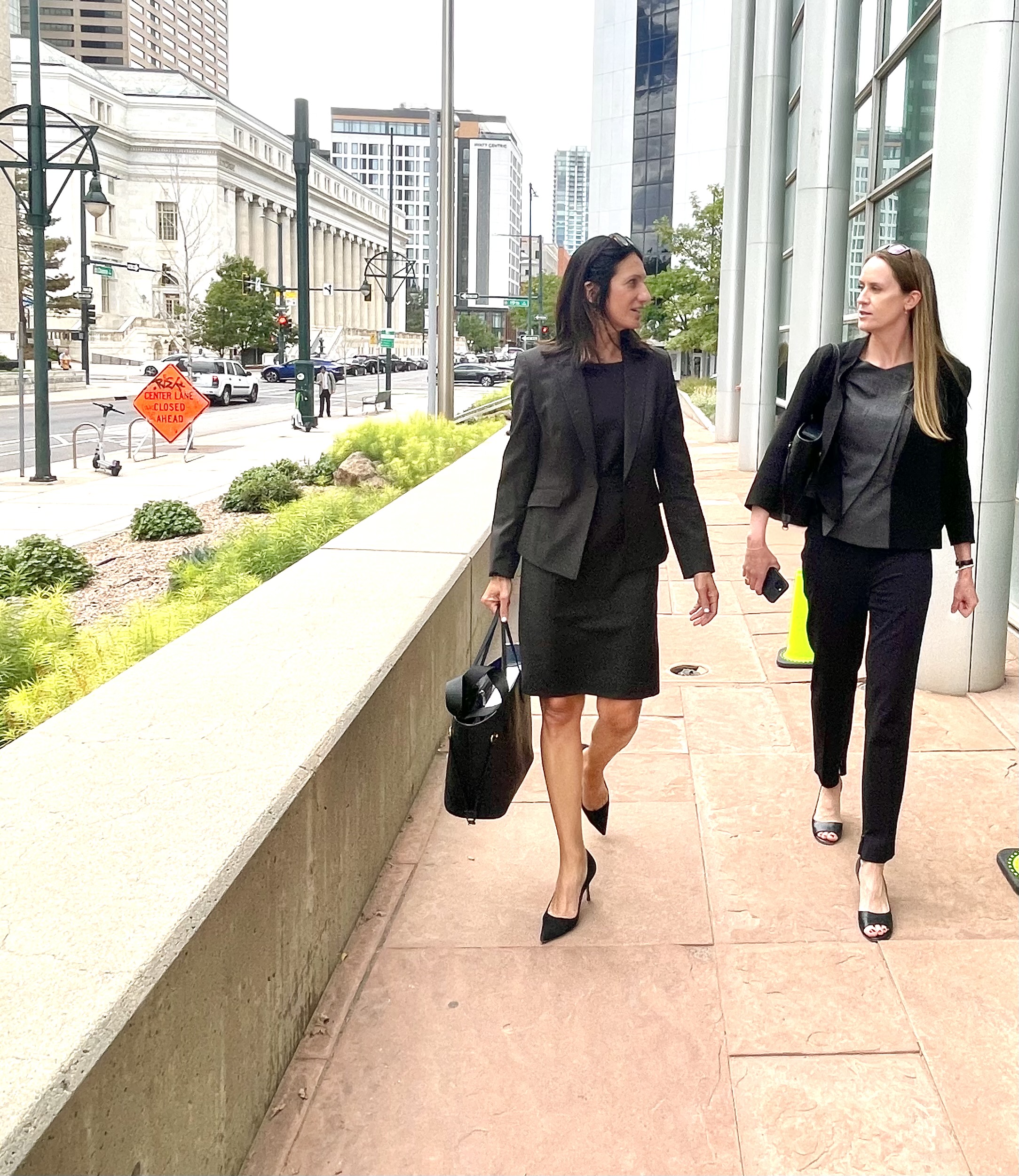 Barry Morphew's civil defense attorneys Iris Eytan and Jane Fischer-Byrialsen leave federal court after motion for dismissal in their civil case against 19 defendants on Wednesday, Aug. 21, 2024. (Carol McKinley)