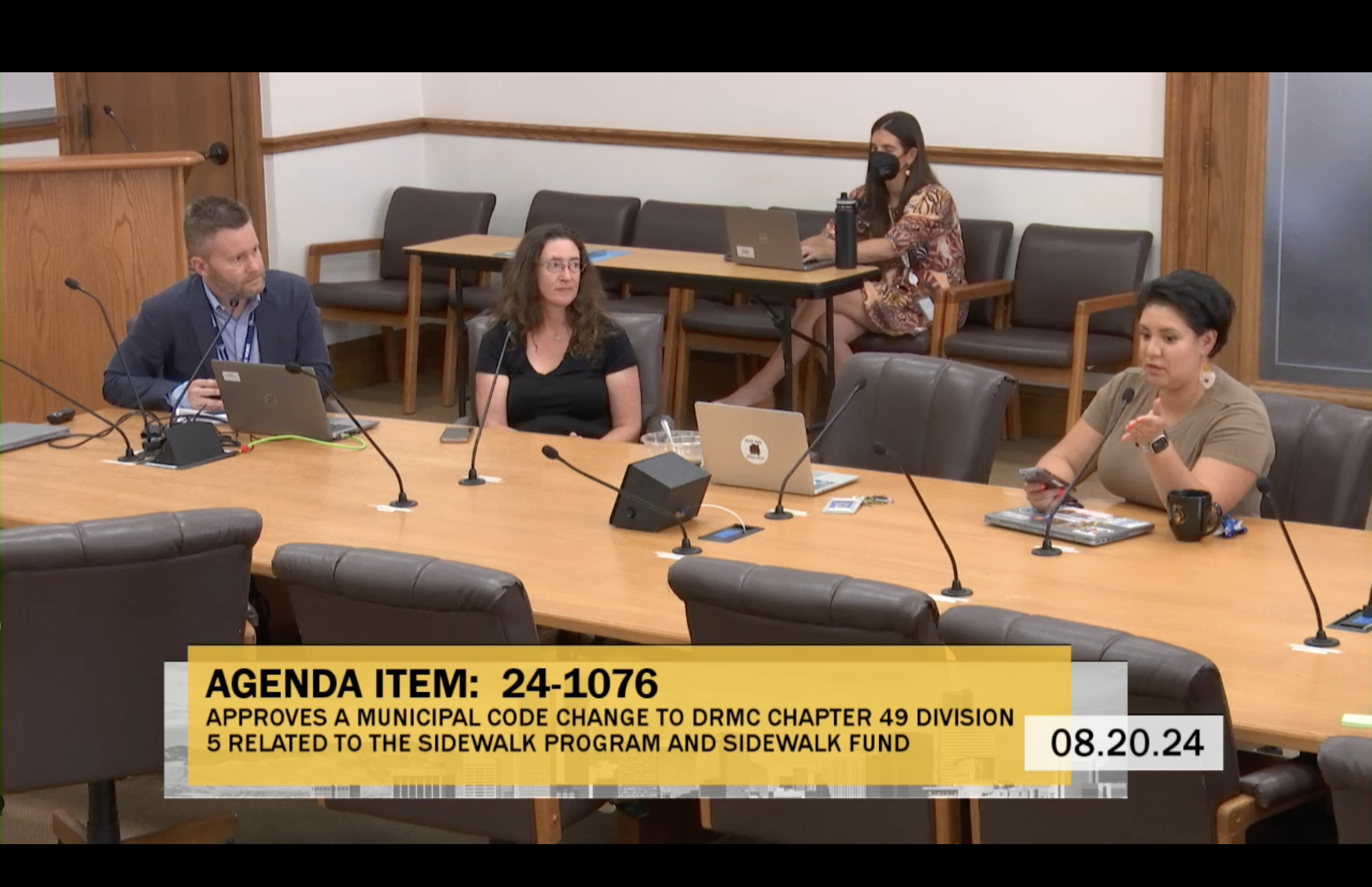 Councilmember Flor Alvidrez, at right, questions some specific discount policies of Denver's revamped sidewalk program. The program will charge $150 to all homeowners and impose an additional charge of $3.50 per foot for sidewalks greater than 230 feet. (Screengrab from Denver Channel 8 livefeed)