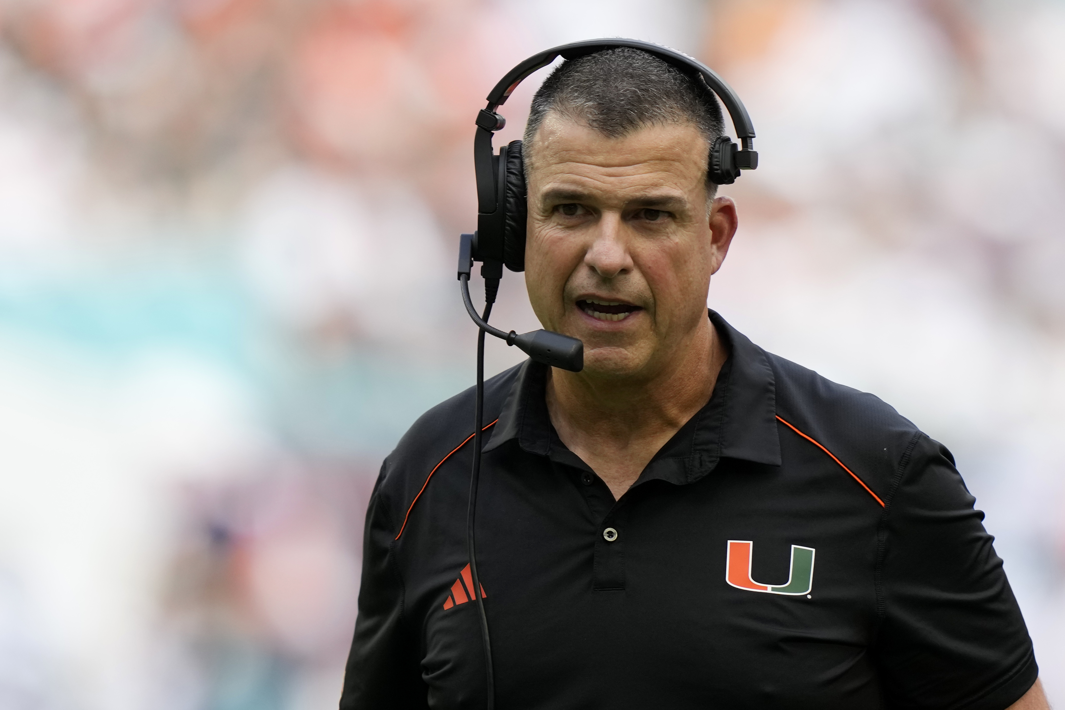 Miami head coach Mario Cristobal watches during the first half of an NCAA college football game against Virginia, Saturday, Oct. 28, 2023, in Miami Gardens, Fla. (AP Photo/Lynne Sladky) (Lynne Sladky)