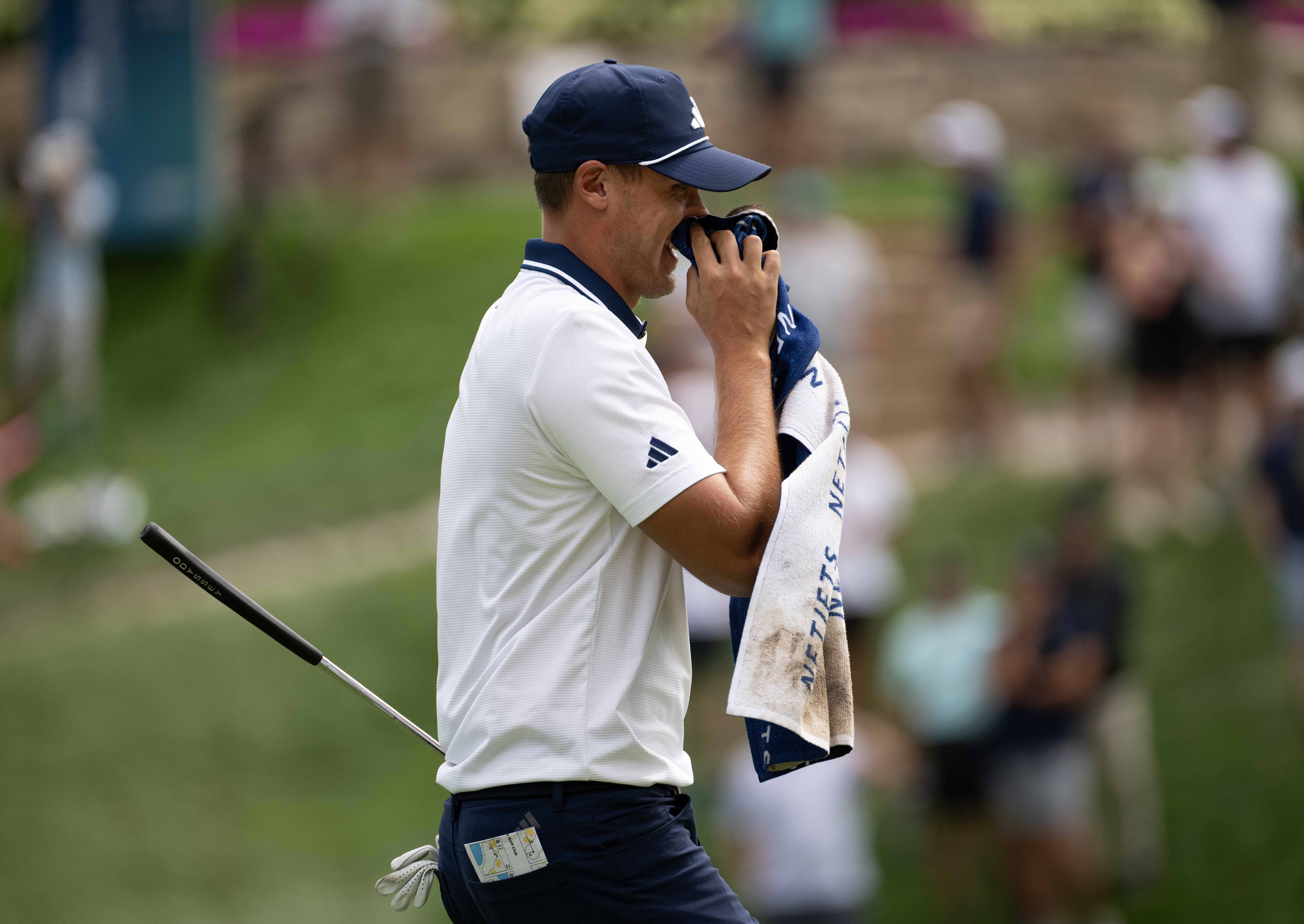 Ludvig Åberg uses a rag to stop a bloody nose at the third round of the BMW Championship golf event at Castle Pines Golf Club, Saturday, Aug. 24, 2024, in Castle Rock, Colo. (Parker Seibold, The Gazette) (Parker Seibold, The Gazette)