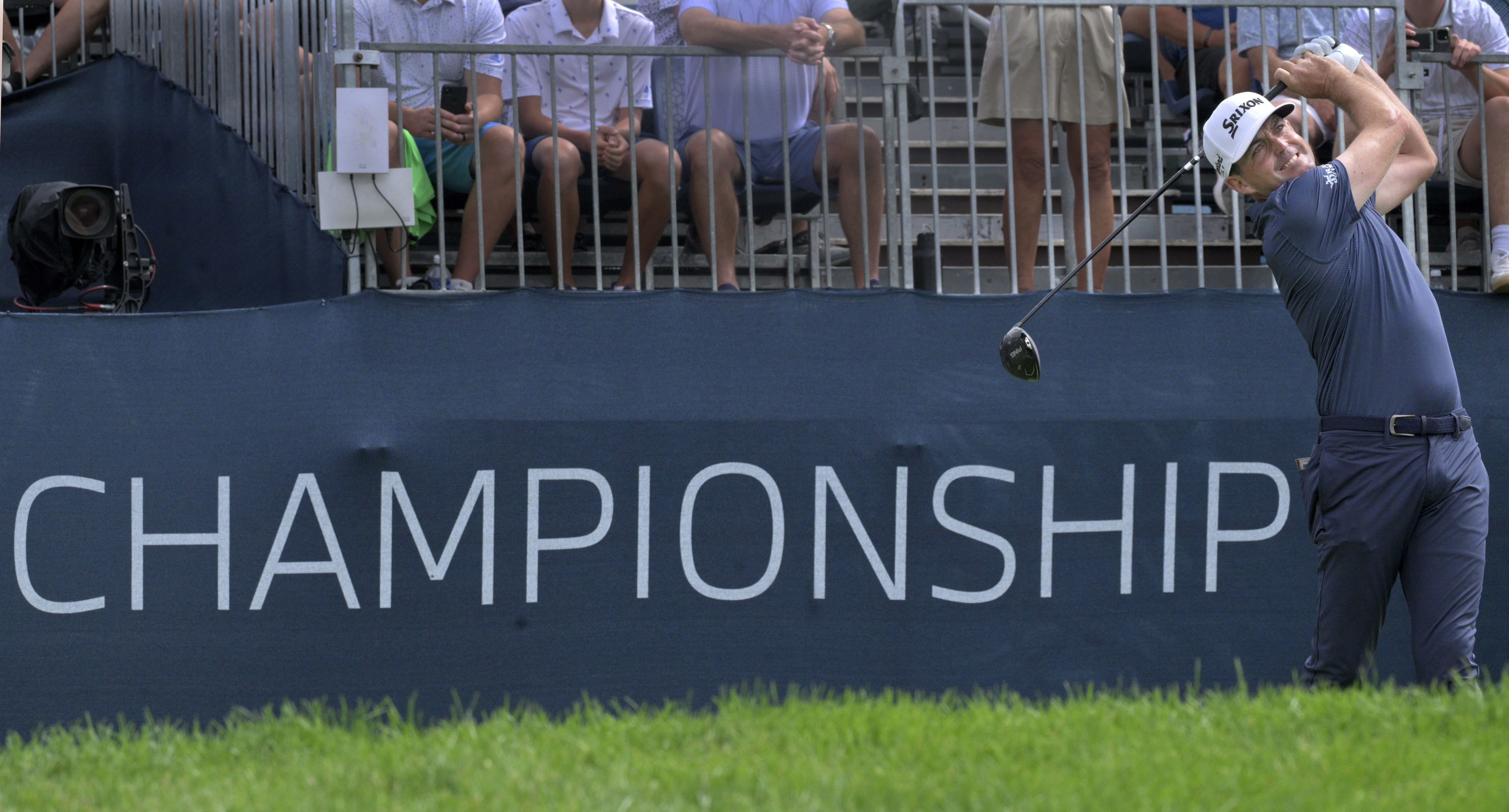 Keegan Bradley hits off the first tee 2024 BMW Championship on Sunday, August 25, 2024. Bradley won the competition with a score of 12 under.