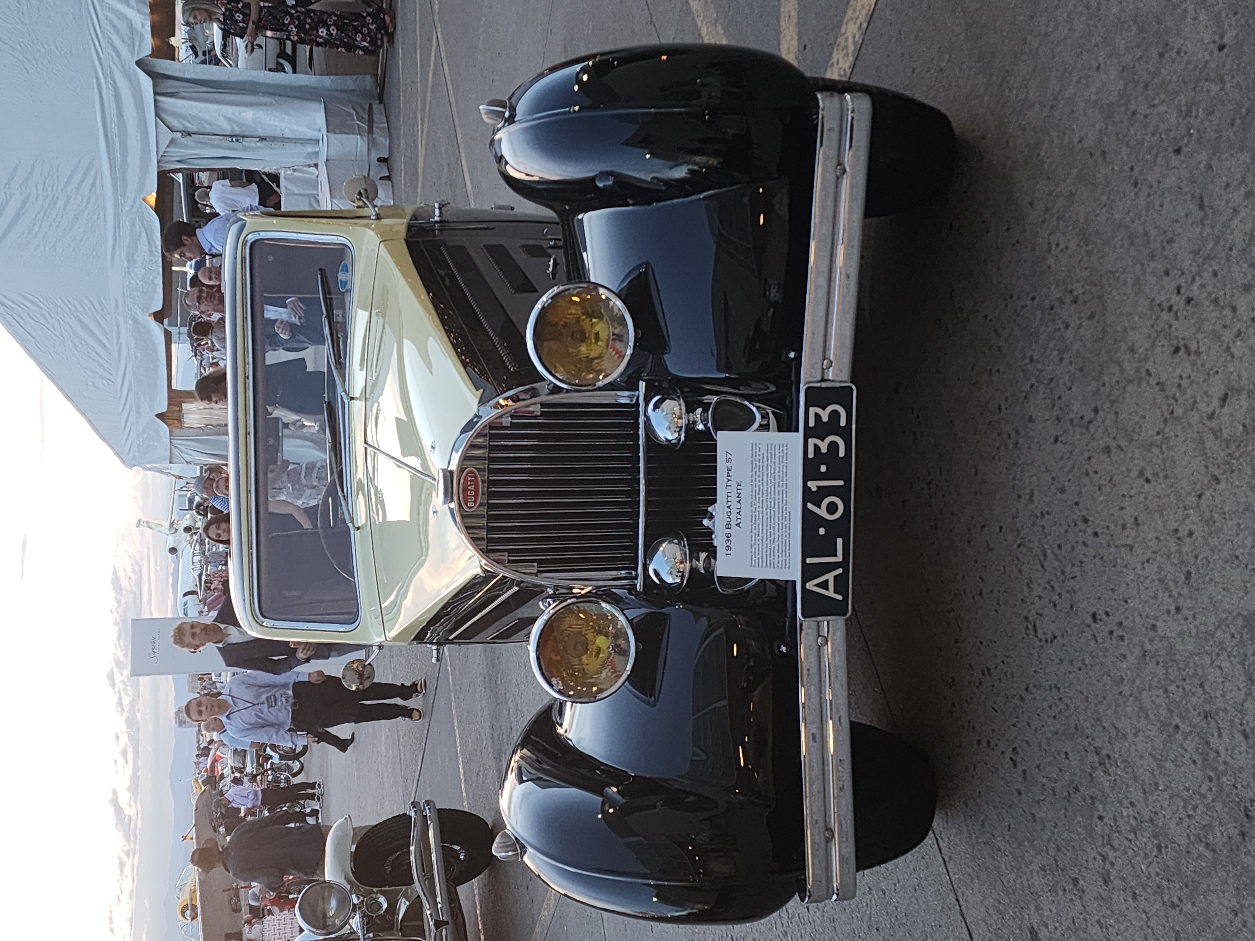 A front view of the iconic 1936 Bugatti Type 57 Atalante Sunroof Coupe, capturing the elegance and craftsmanship of this rare classic. (Marco Cummings)