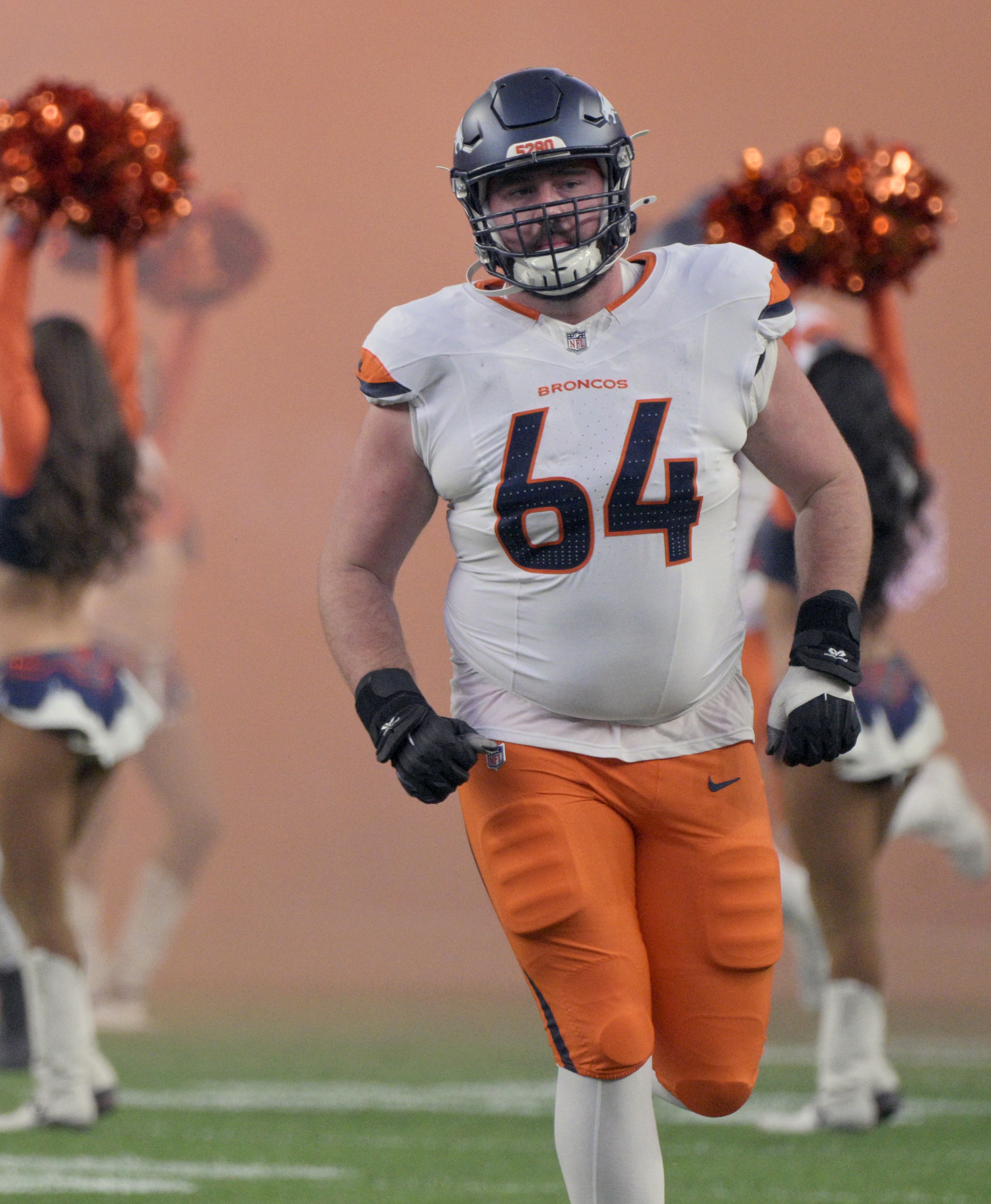 Denver Broncos guard Oliver Jervis (64) takes the field before a preseason game against the Packers on Sunday, Aug. 18, 2024. The Broncos won the game 27-2. (Jerilee Bennett, The Gazette)