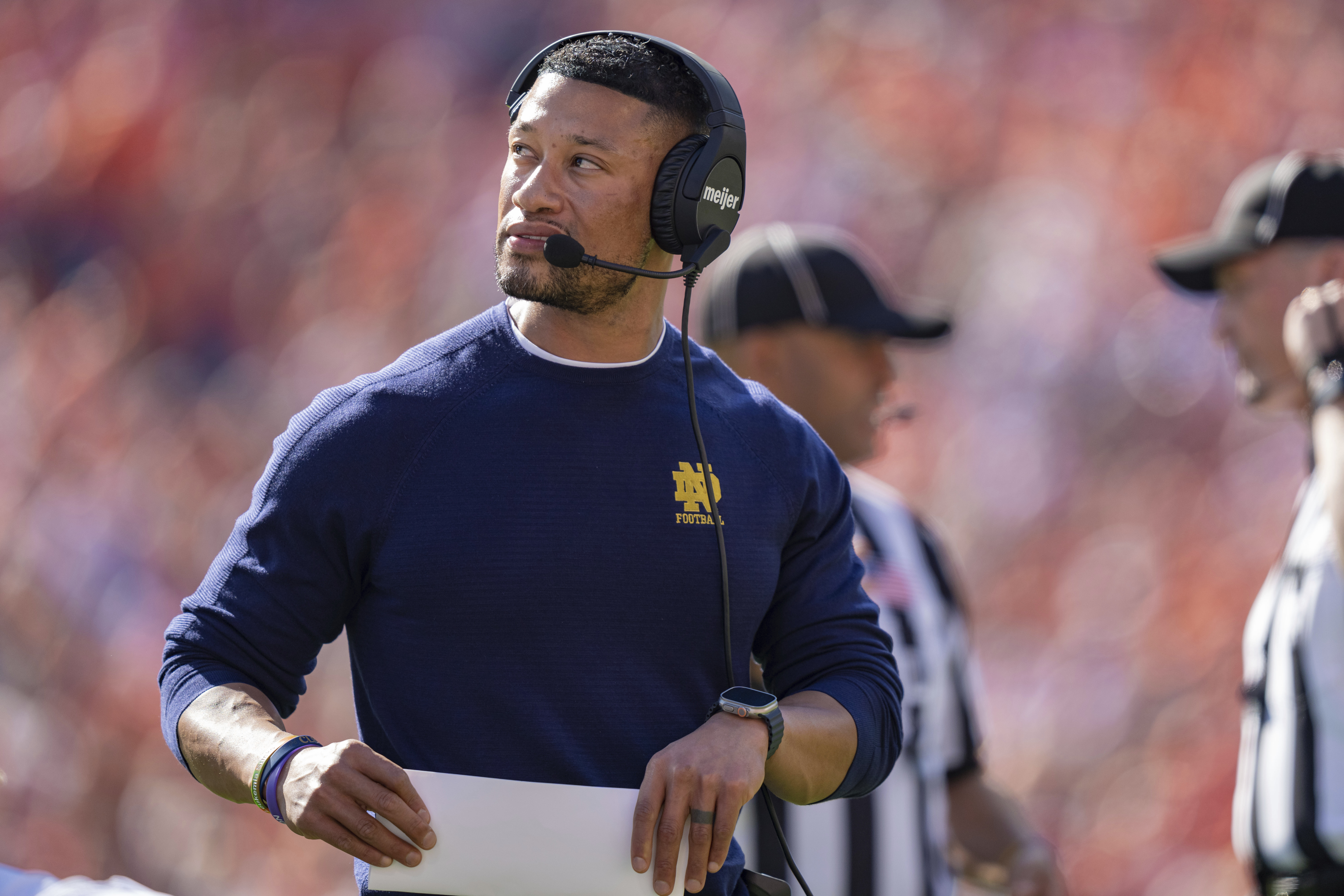 Notre Dame head coach Marcus Freeman looks on against Clemson during an NCAA college football game, Nov. 4, 2023, in Clemson, S.C. (AP Photo/Jacob Kupferman, File) (Jacob Kupferman)