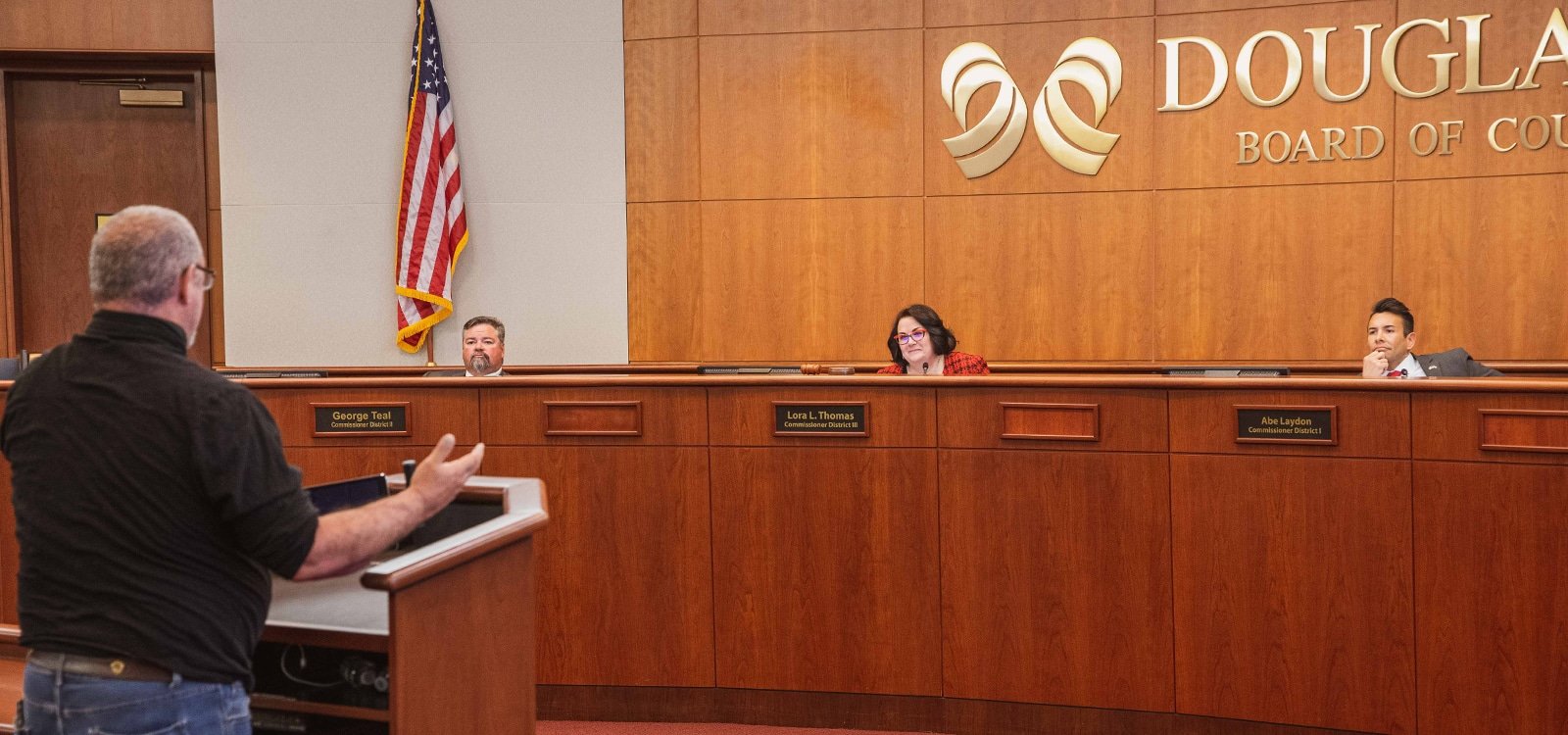 The Board of Douglas County Commissioners, George Teal, Lora Thomas, and Abe Laydon, listen to citizen comment at their April 13, 2021 Business Meeting. (Courtesy of Douglas County)