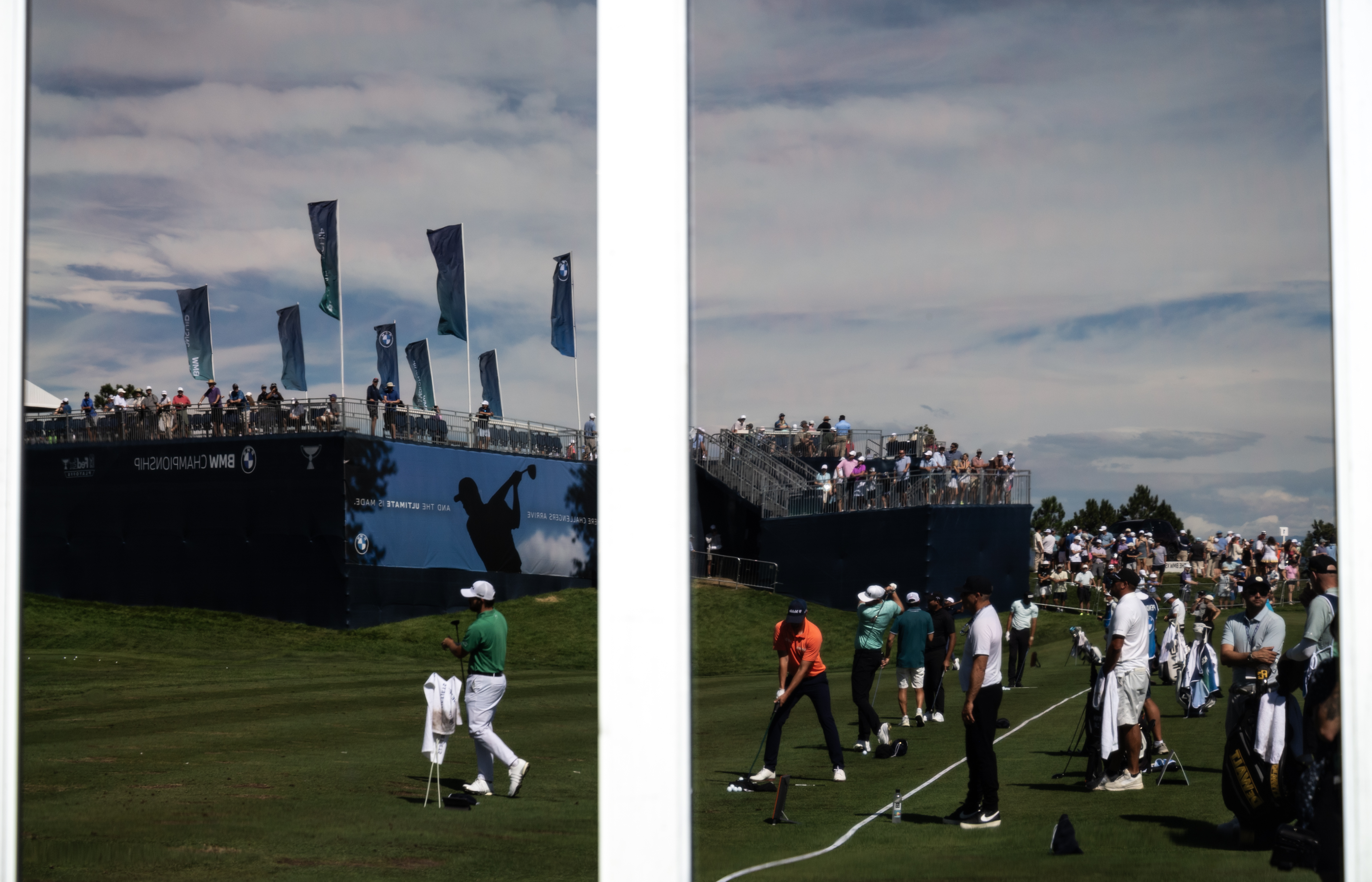 Golfers practicing their drive are reflected in windows at the third round of the BMW Championship golf event at Castle Pines Golf Club, Saturday, Aug. 24, 2024, in Castle Rock, Colo. (Parker Seibold, The Gazette) (Parker Seibold The Gazette)