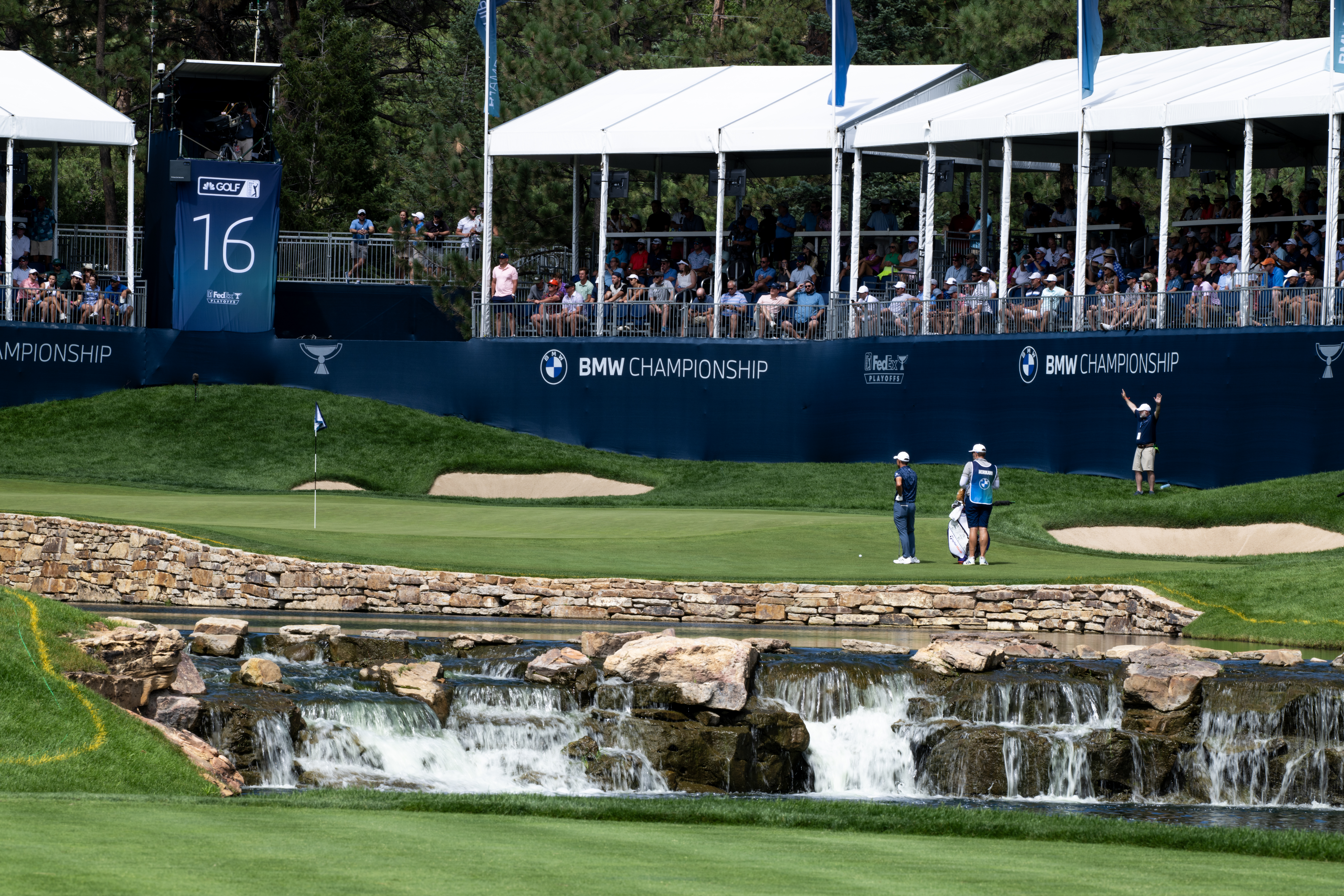 Collin Morikawa watches Akshay Bhatia putt the sixteenth hole in the third round of the BMW Championship at Castle Pines Golf Club, Saturday, Aug. 24, 2024, in Castle Rock, Colo. (Parker Seibold, The Gazette) (Parker Seibold, The Gazette)