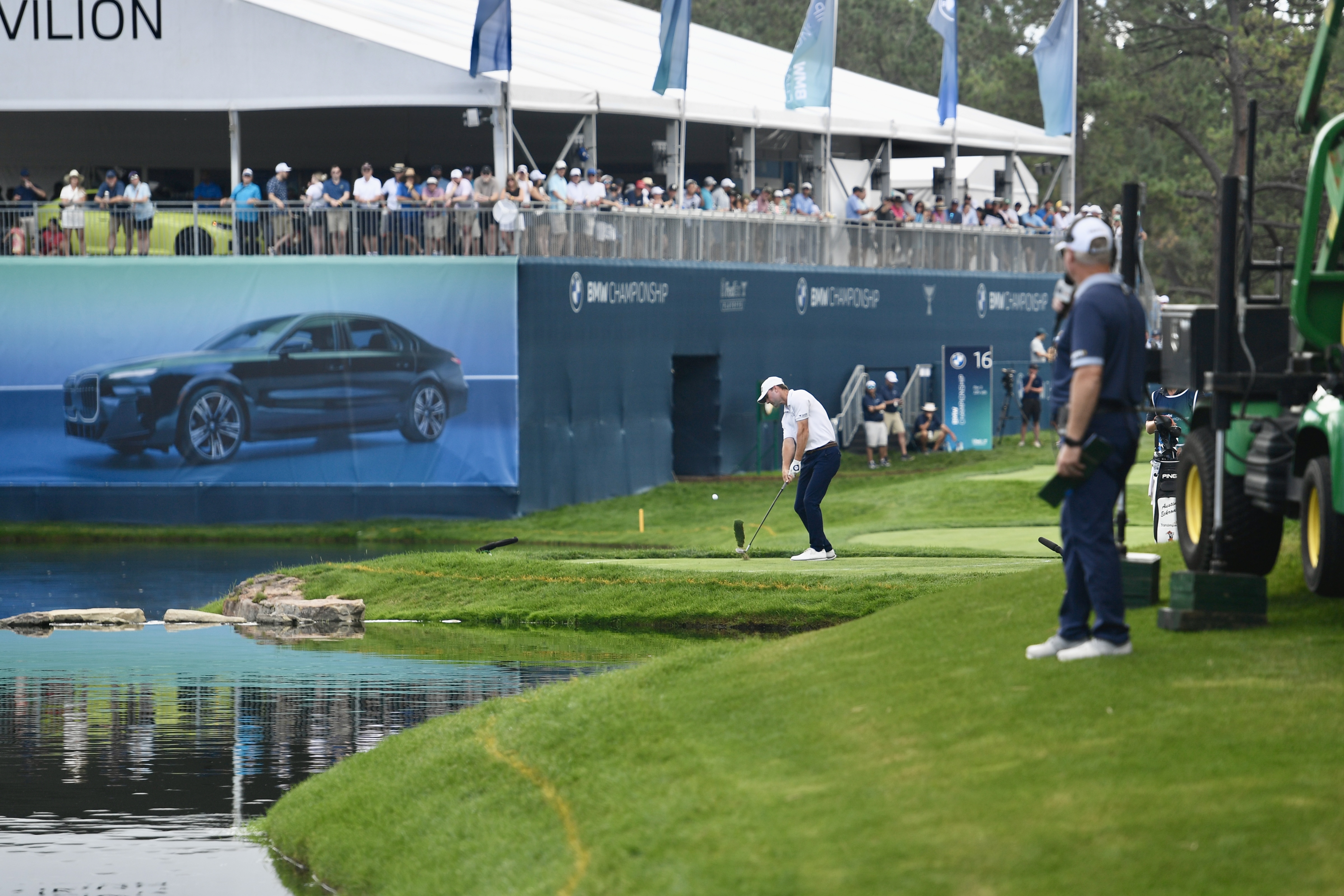 Austin Eckroat hits a shot from the drop zone at Castle Pines Golf Club during the second round of the BMW Championship on Friday, Aug. 23, 2024. (CarsonFieldcarson.field@gazette.comhttps://secure.gravatar.com/avatar/c524ef3d384945349bed78d70eb2d2cd?d=mm&r=g)