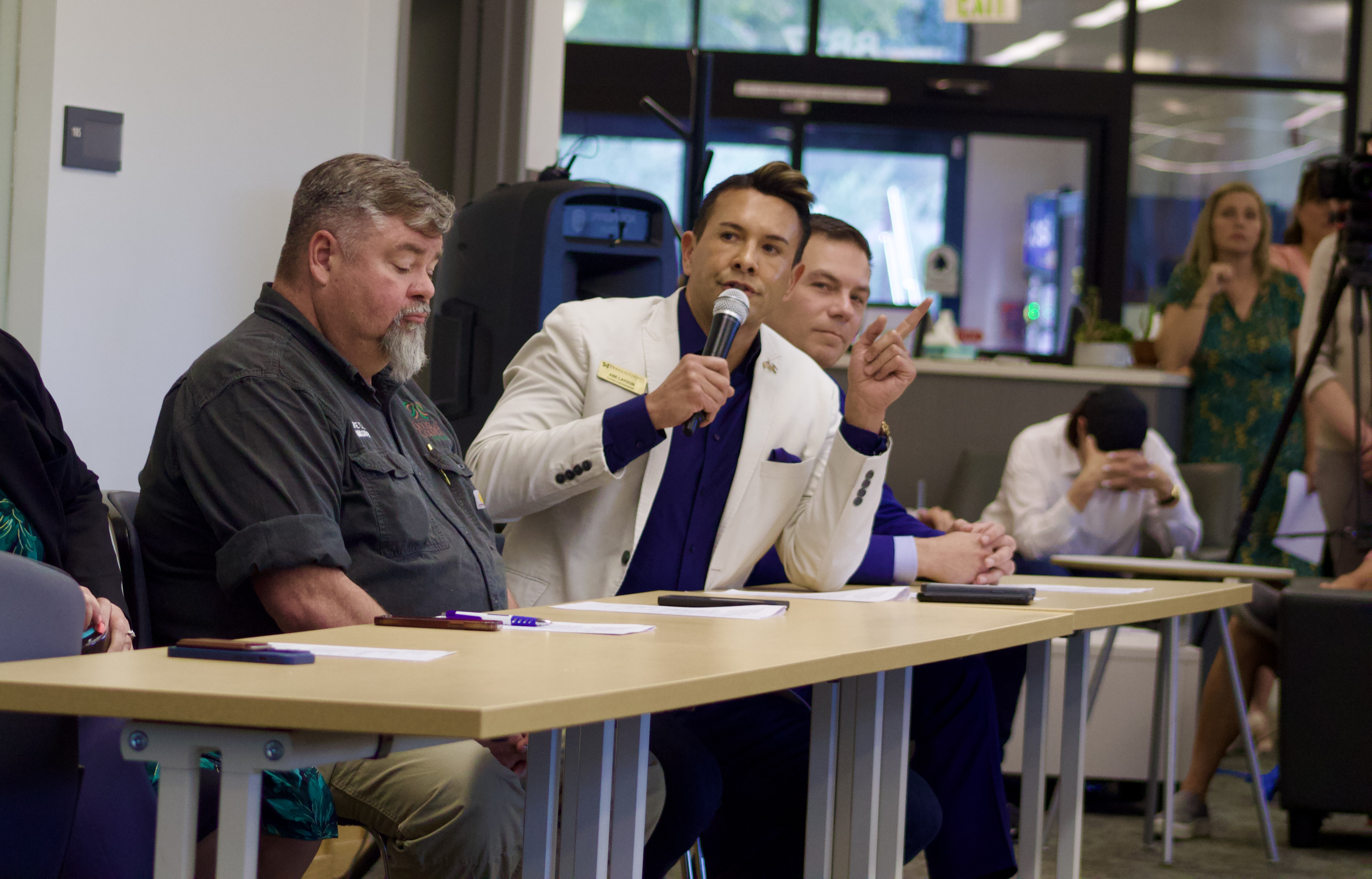 Douglas County Commissioner Abe Laydon (right) speaks with fellow county commissioners and staff members at a Lone Tree community meeting on May 30 in Lone Tree, Colorado. Laydon claims the county has found an effective solution to homelessness. (NoahFestensteinCity Government Reporternoah.festenstein@denvergazette.comhttps://denvergazette.com/content/tncms/avatars/9/f0/326/9f032698-379f-11ee-8053-8bacbed4931f.60984dba383441d9647e0e740a08a8e6.png)