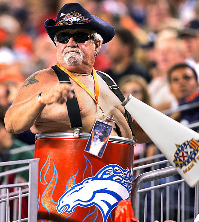 Tim “Barrel Man” McKernan attended Denver Broncos games for more than 30 years. He died in 2009. (David Zalubowski/AP) (David Zalubowski/AP)