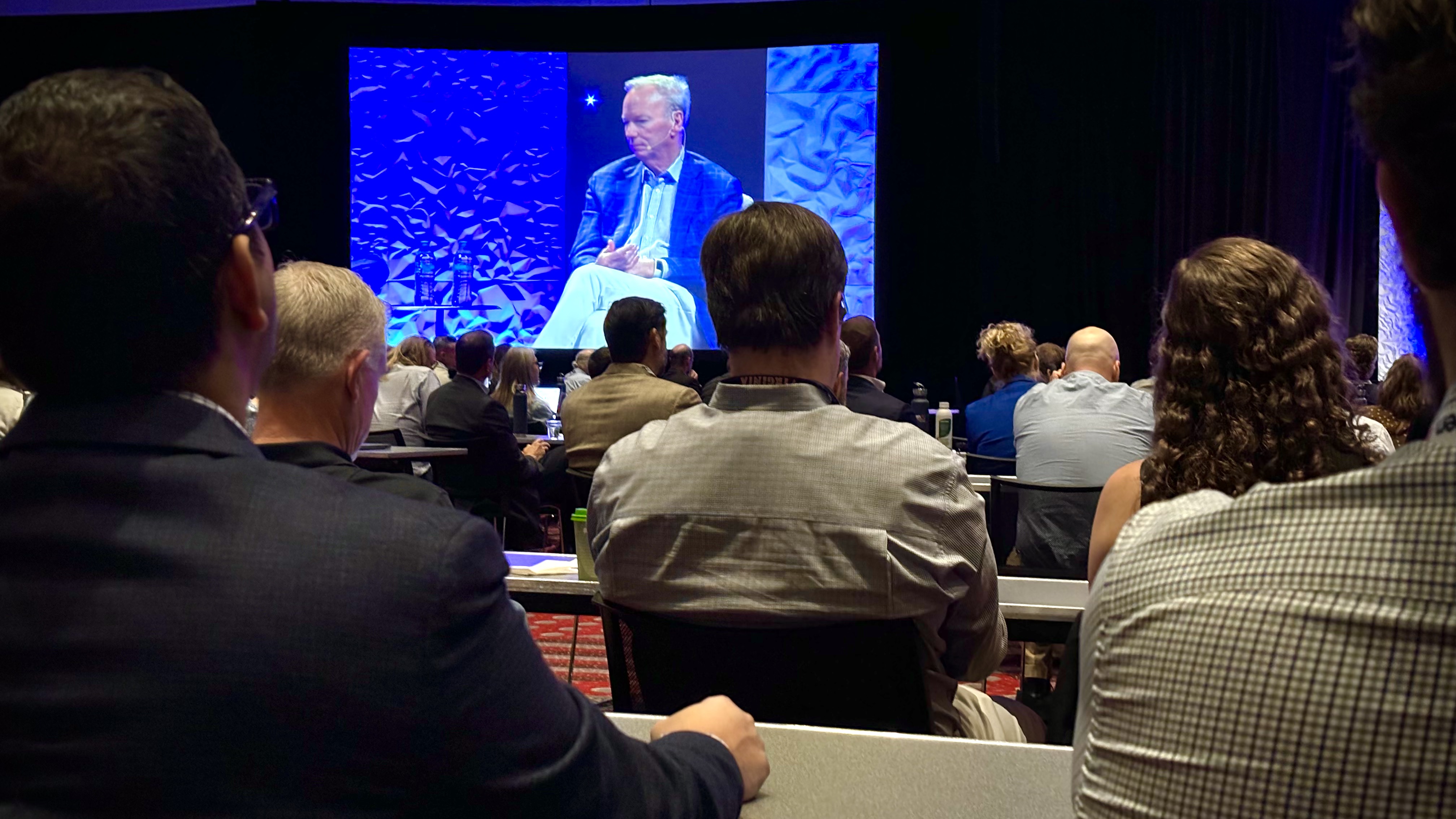 Former Google CEO Eric Schmidt speaks at the Colorado Convention Center on Thursday, Sept. 19, 2024 at Denver's first DenAI Summit, part of Denver Startup Week. (Bernadette Berdychowski / The Denver Gazette)