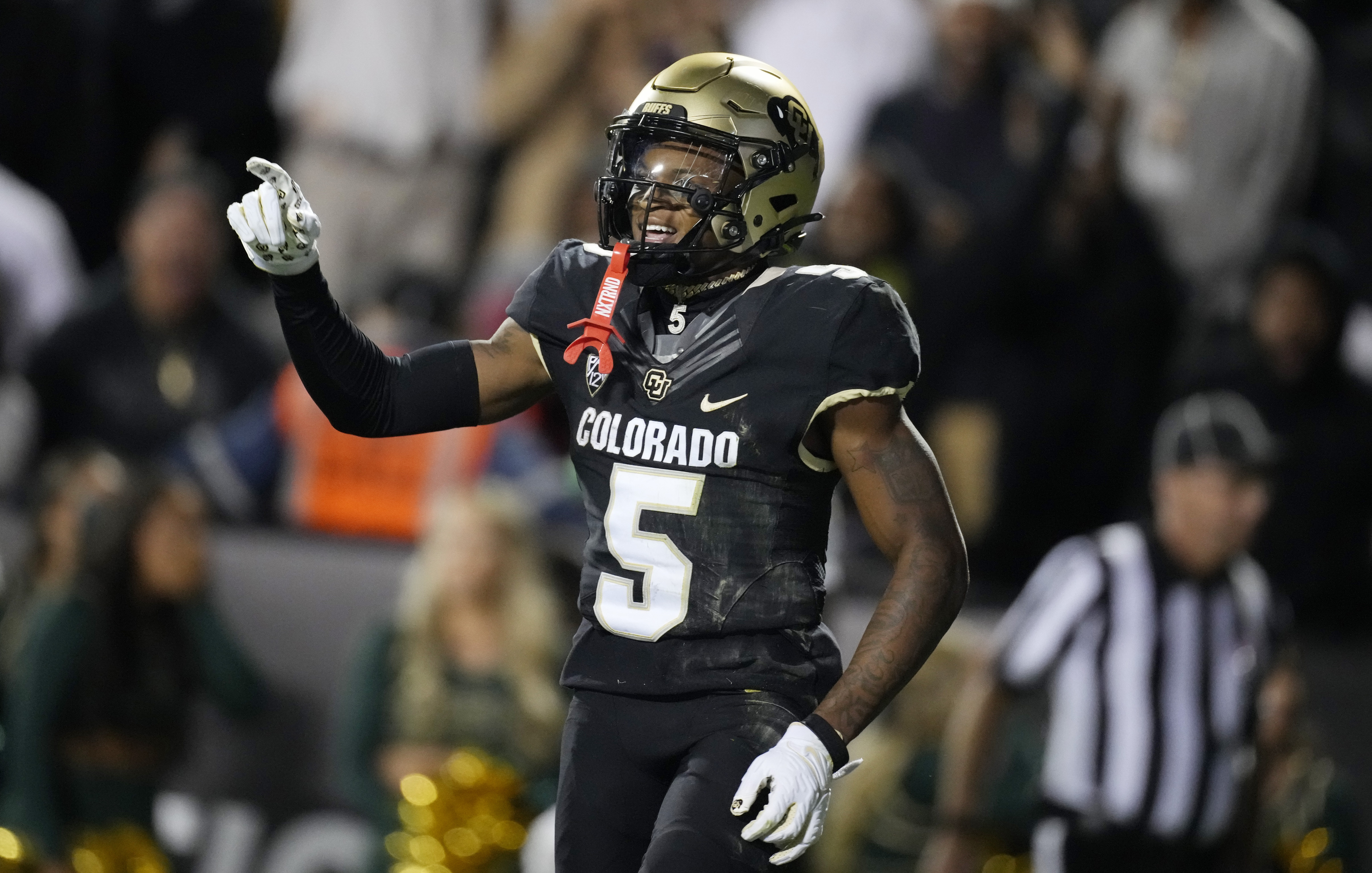 Colorado wide receiver Jimmy Horn Jr. celebrates after catching a touchdown against Colorado State in the second half of an NCAA college football game Saturday, Sept. 16, 2023, in Boulder, Colo. (AP Photo/David Zalubowski) (David Zalubowski)