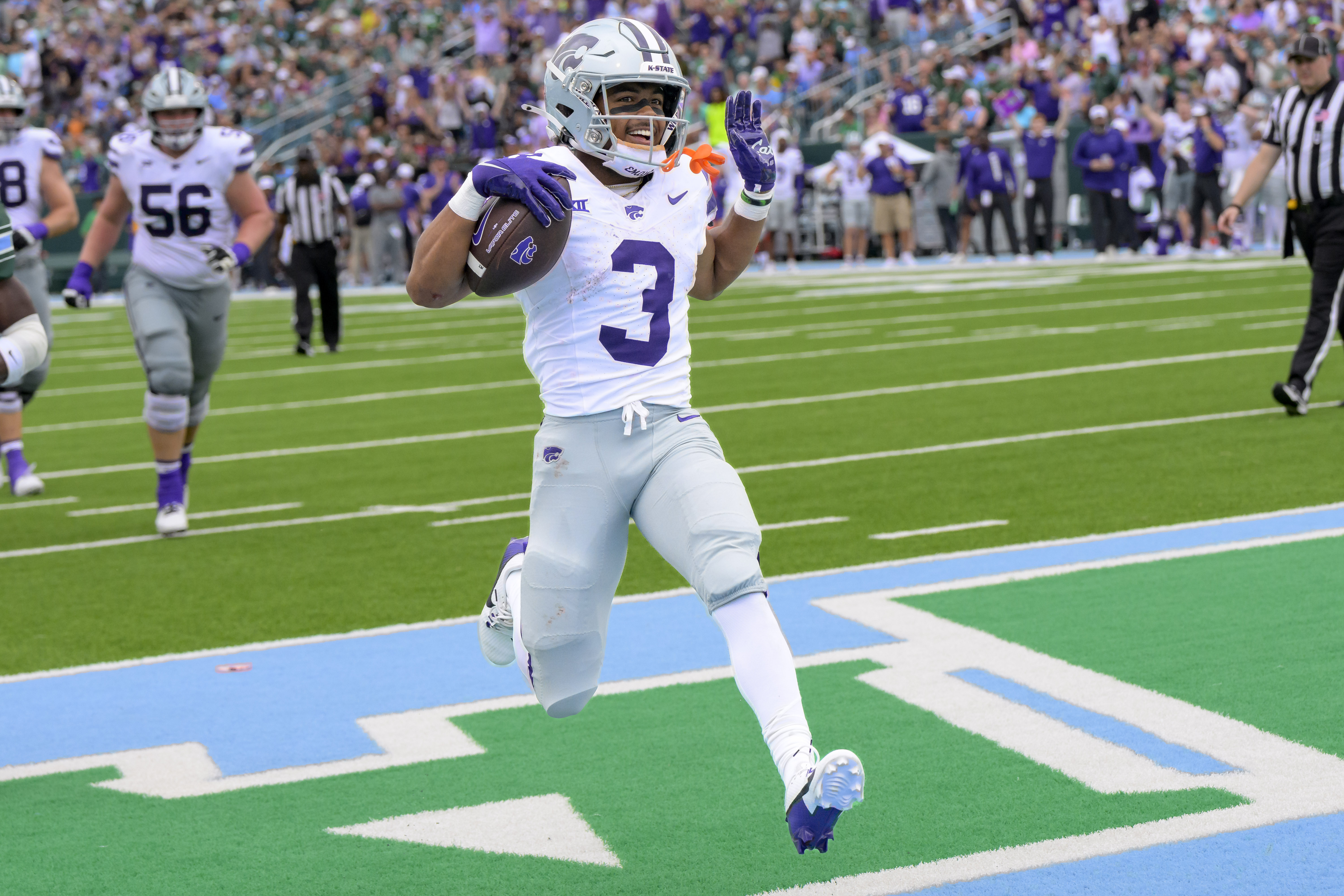 Kansas State running back Dylan Edwards (3) scores a touchdown against Tulane during an NCAA college football game in New Orleans, Saturday, Sept. 7, 2024. (AP Photo/Matthew Hinton) (Matthew Hinton)