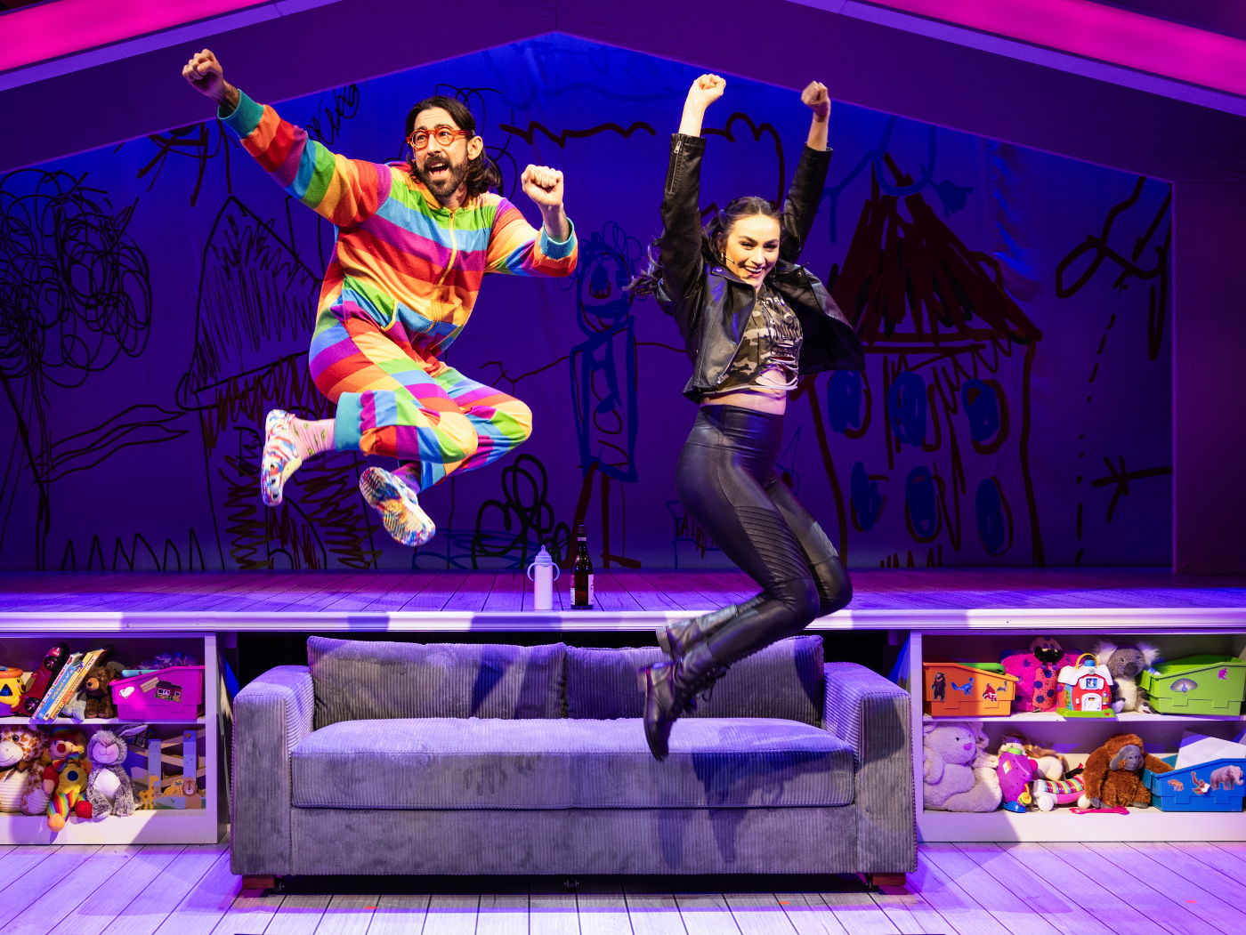 Max Crumm and Natalie Bourgeois in the Colorado-born 'That Parenting Musical,' which opened off-Broadway on Sept. 12, 2024, in New York. (MARIA BARANOVA)