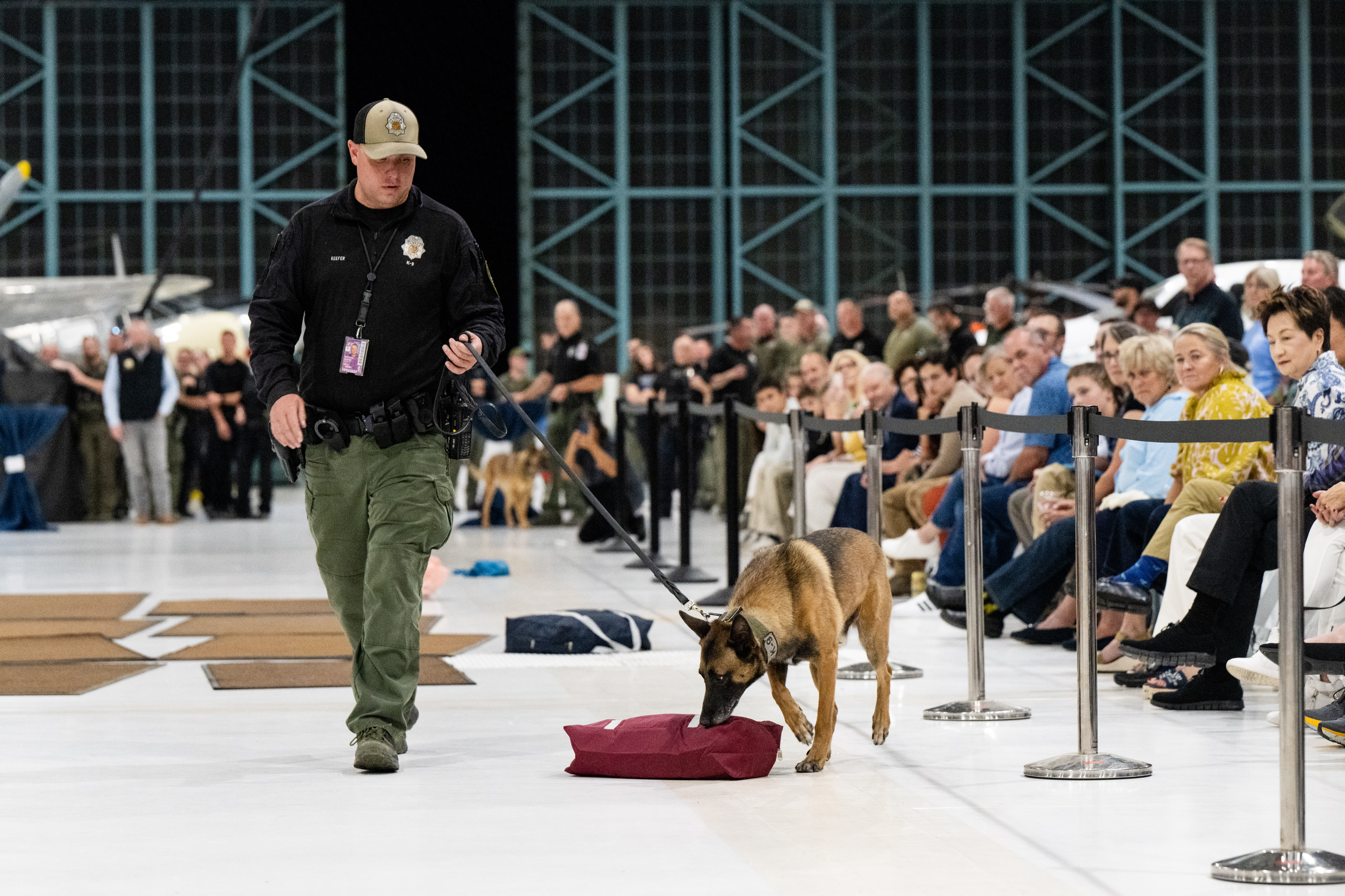 Brenden Keefer and Emo of the Denver Police Department demonstrate bomb sniffing at the Heroes with Paws event, Wednesday, Sept. 25, 2024, in Denver. (Parker Seibold, The Gazette) (Parker Seibold, The Gazette)