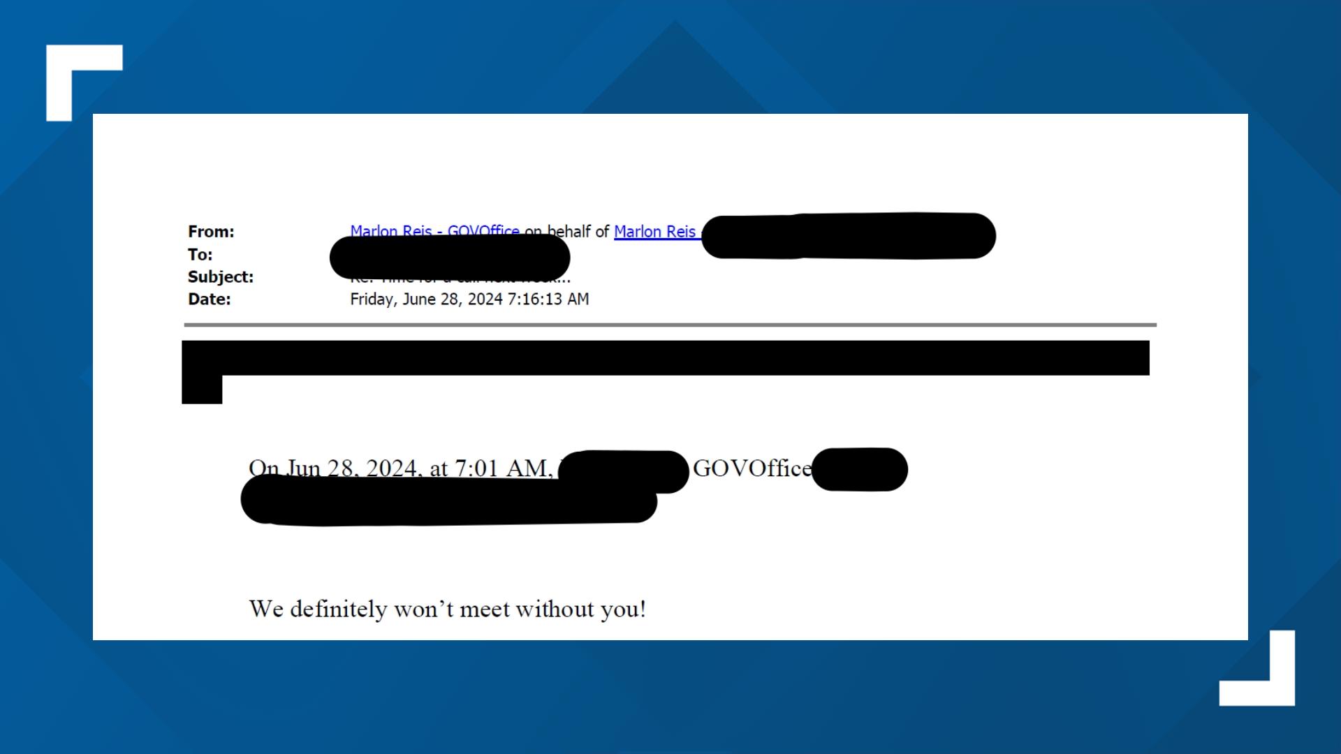 The Governor's advisor wrote that she would not meet about wolf legislation without the First Gentleman. The Governor's office blocked his response. (Source: 9News)