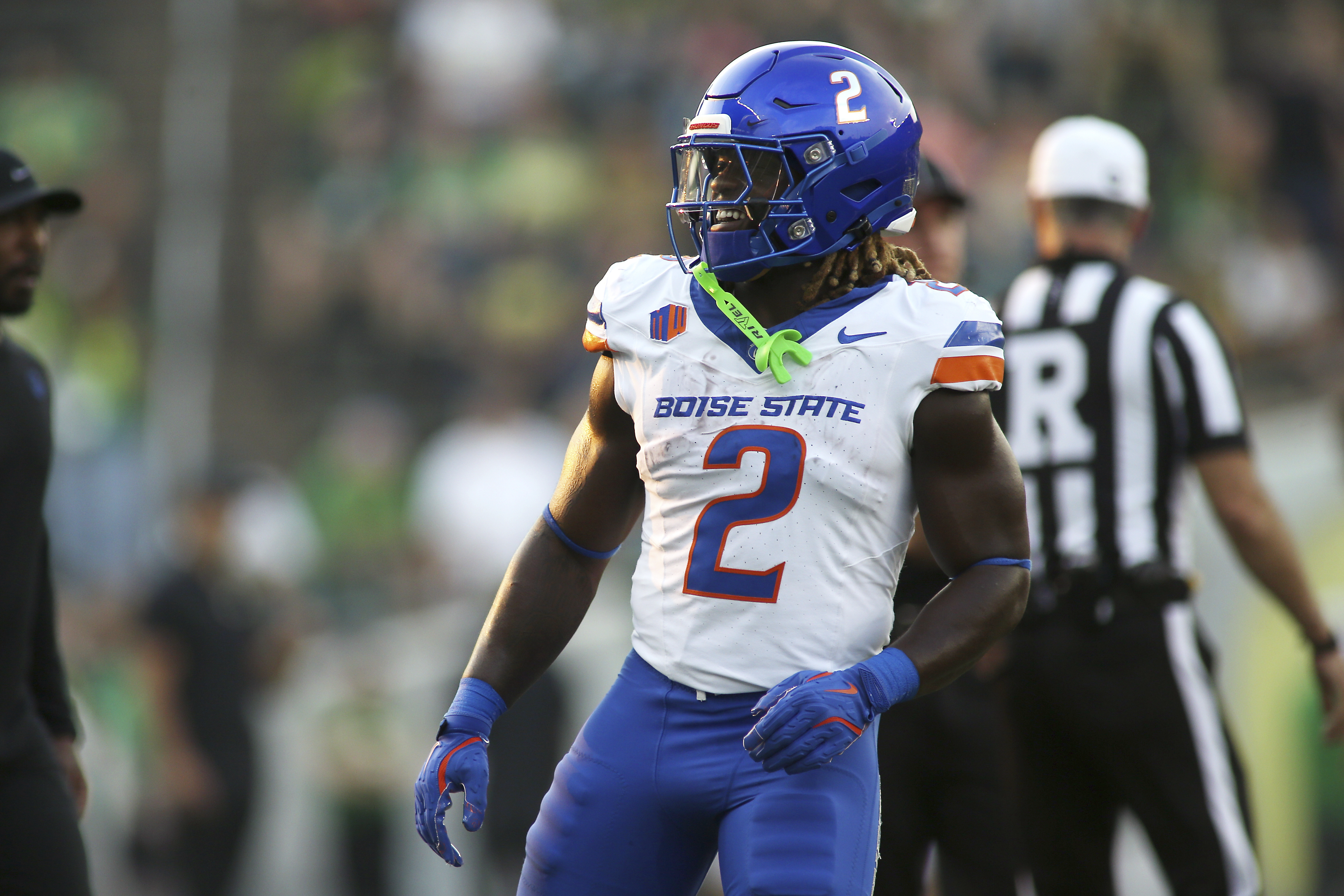 Boise State running back Ashton Jeanty warms up before an NCAA college football game against Oregon, Saturday, Sept. 7, 2024, at Autzen Stadium in Eugene, Ore. (AP Photo/Lydia Ely) (Lydia Ely)