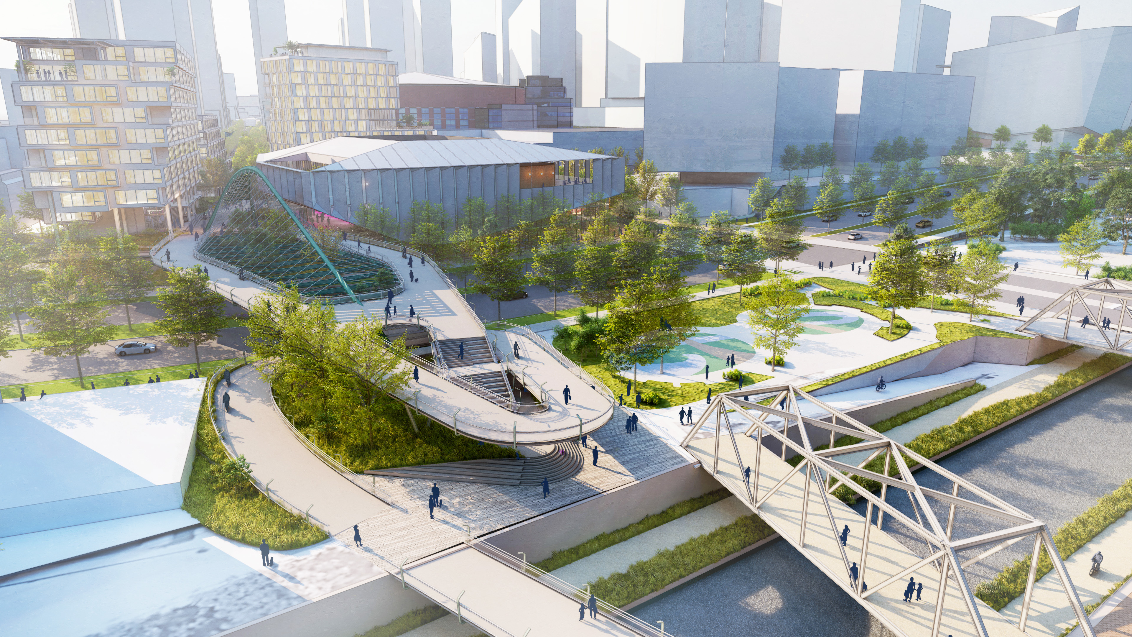 A concept image of a bridge within the proposed 55-acre Ball Arena development to turn the stadiums parking lots into a mixed-use downtown neighborhood. (Courtesy photo, Kroenke Sports & Entertainment)