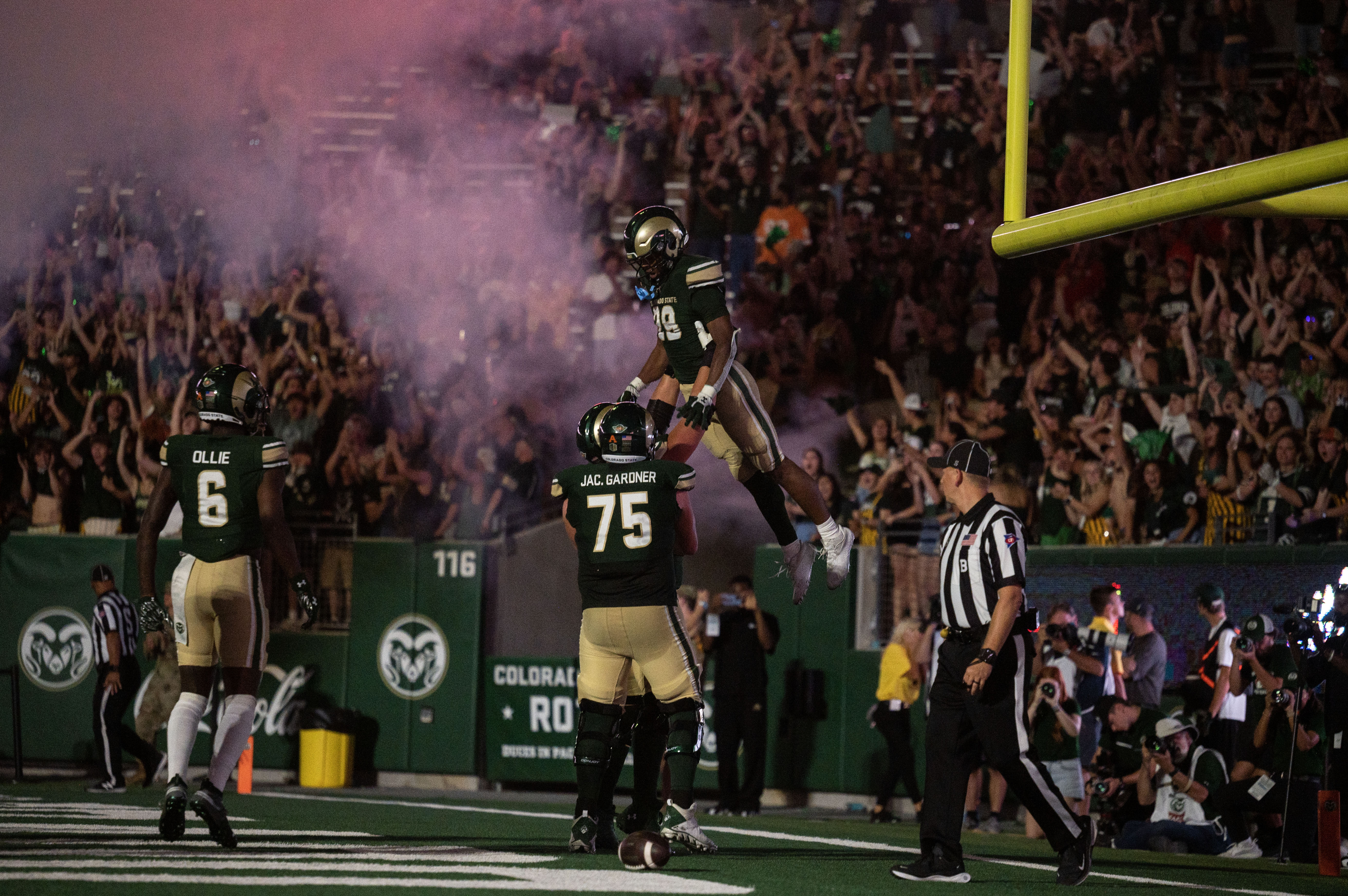 Colorado State freshman running back Justin Marshall (29) celebrates after scoring a touchdown in the second half of the Rocky Mountain Showdown against Colorado on Saturday, Sept. 14, 2024 at Canvas Stadium in Fort Collins. (Stephen Swofford, Denver Gazette) (Stephen Swofford, Denver Gazette)
